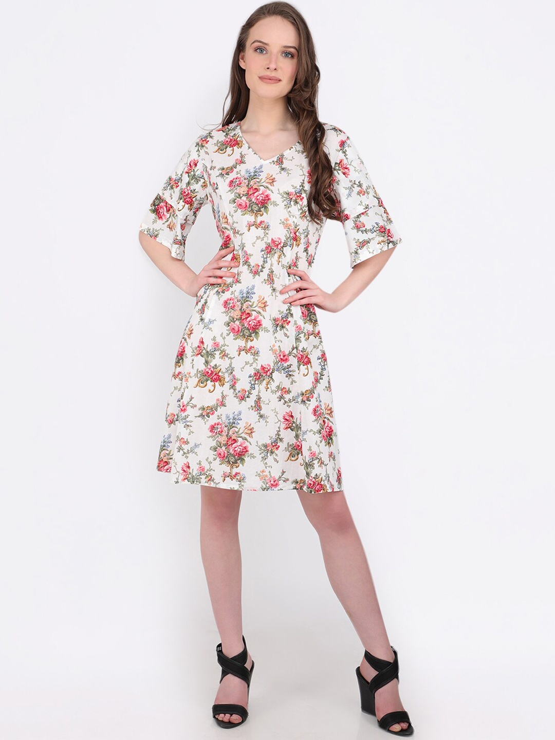 

MARC LOUIS Women White & Red Floral Print Pure Cotton A-Line Dress