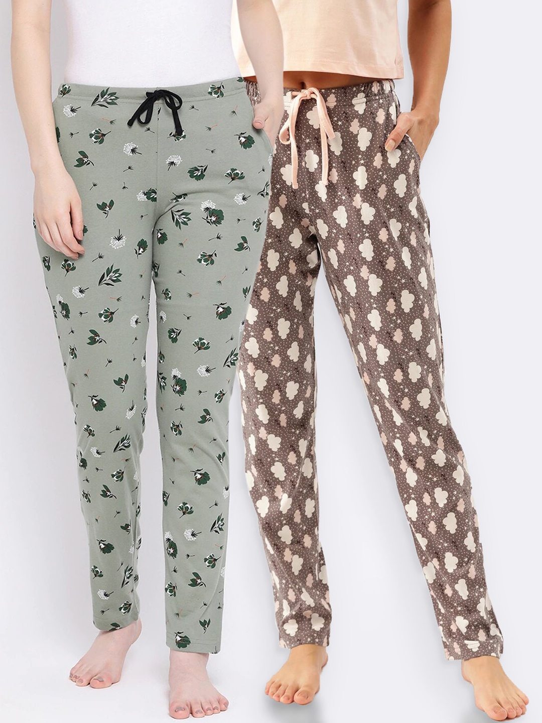 

Kanvin Women Pack of 2 Printed Pure Cotton Lounge Pants, Brown