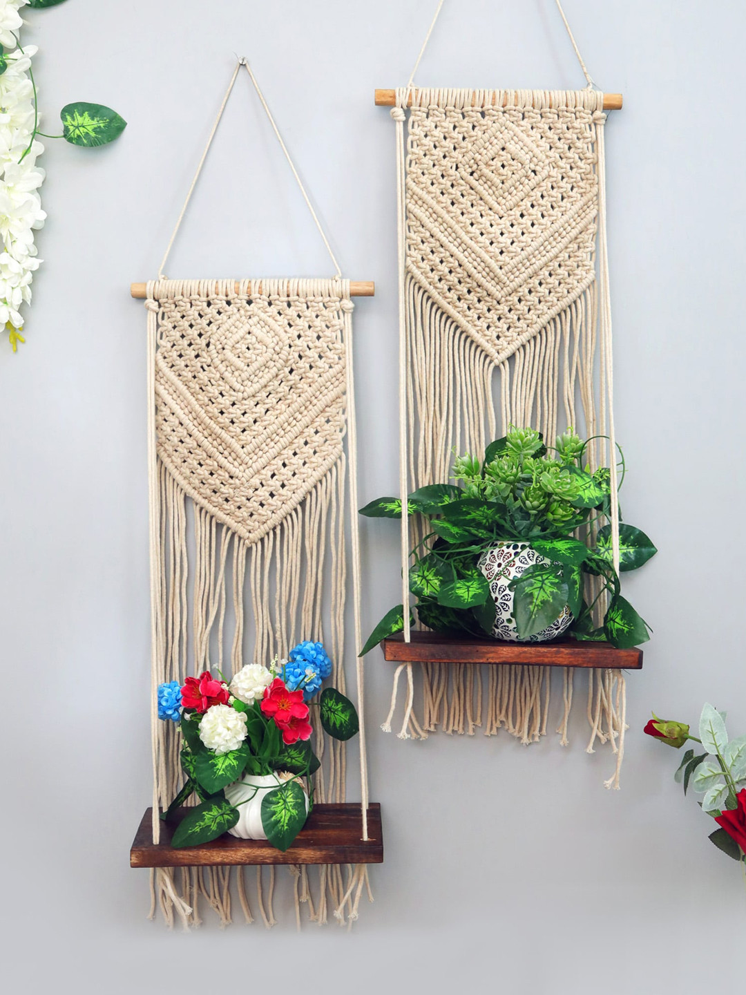 

Homesake Set of 2 Beige Solid Hand-Made Macrame Hanging Shelf Wall Decors