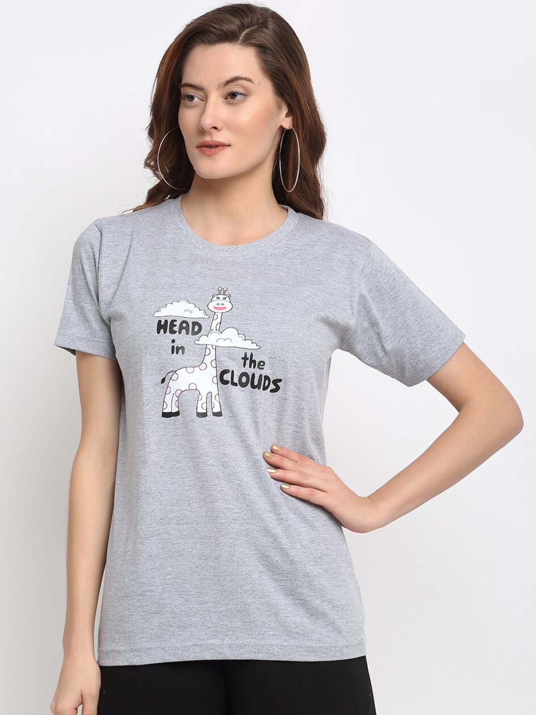 

YOLOCLAN Women Grey Melange Printed Round Neck T-shirt