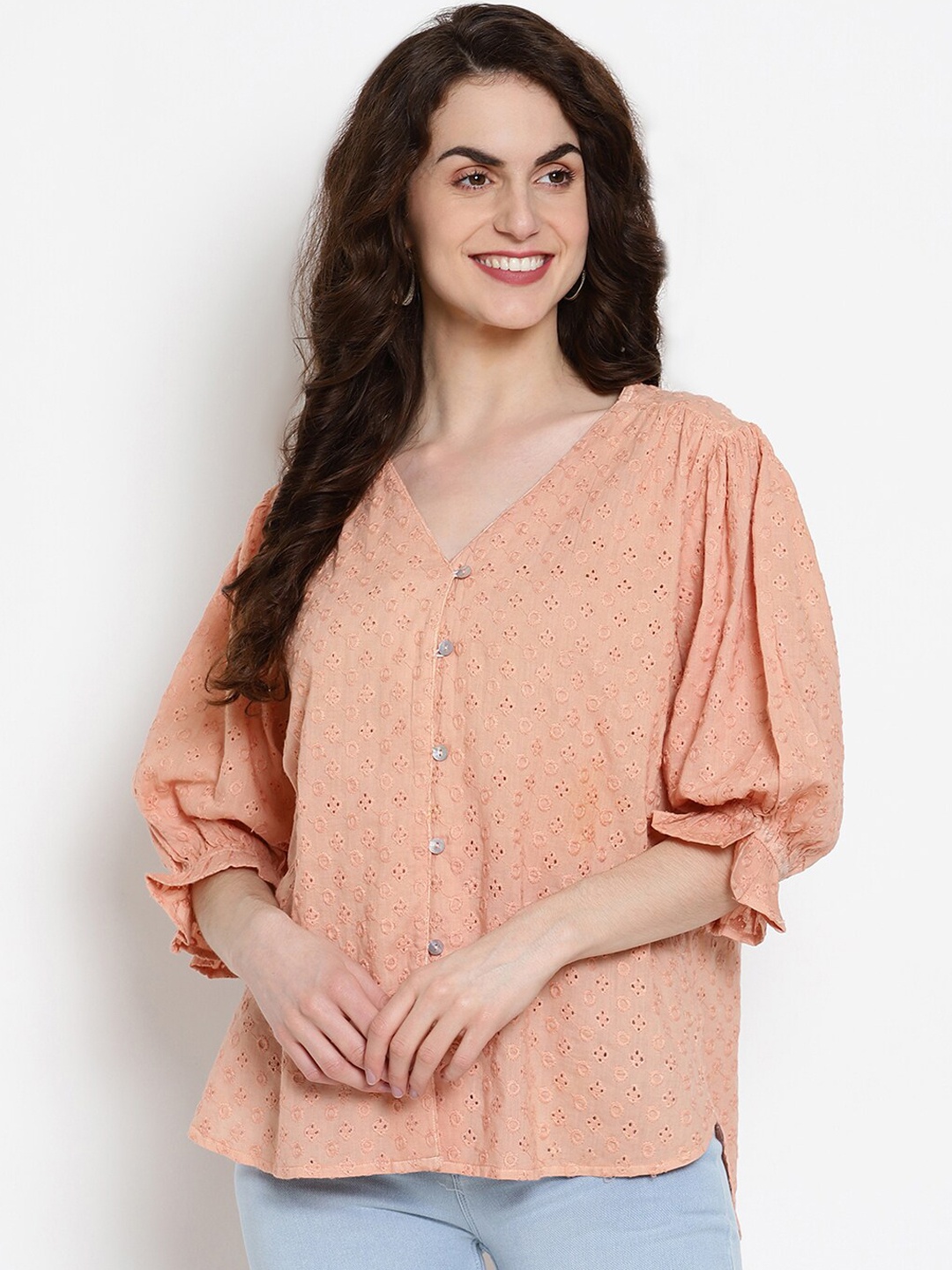

VANCA ECO Peach-Coloured Geometric Embroidered Puff Sleeves Scarf Print Sustainable Regular Top