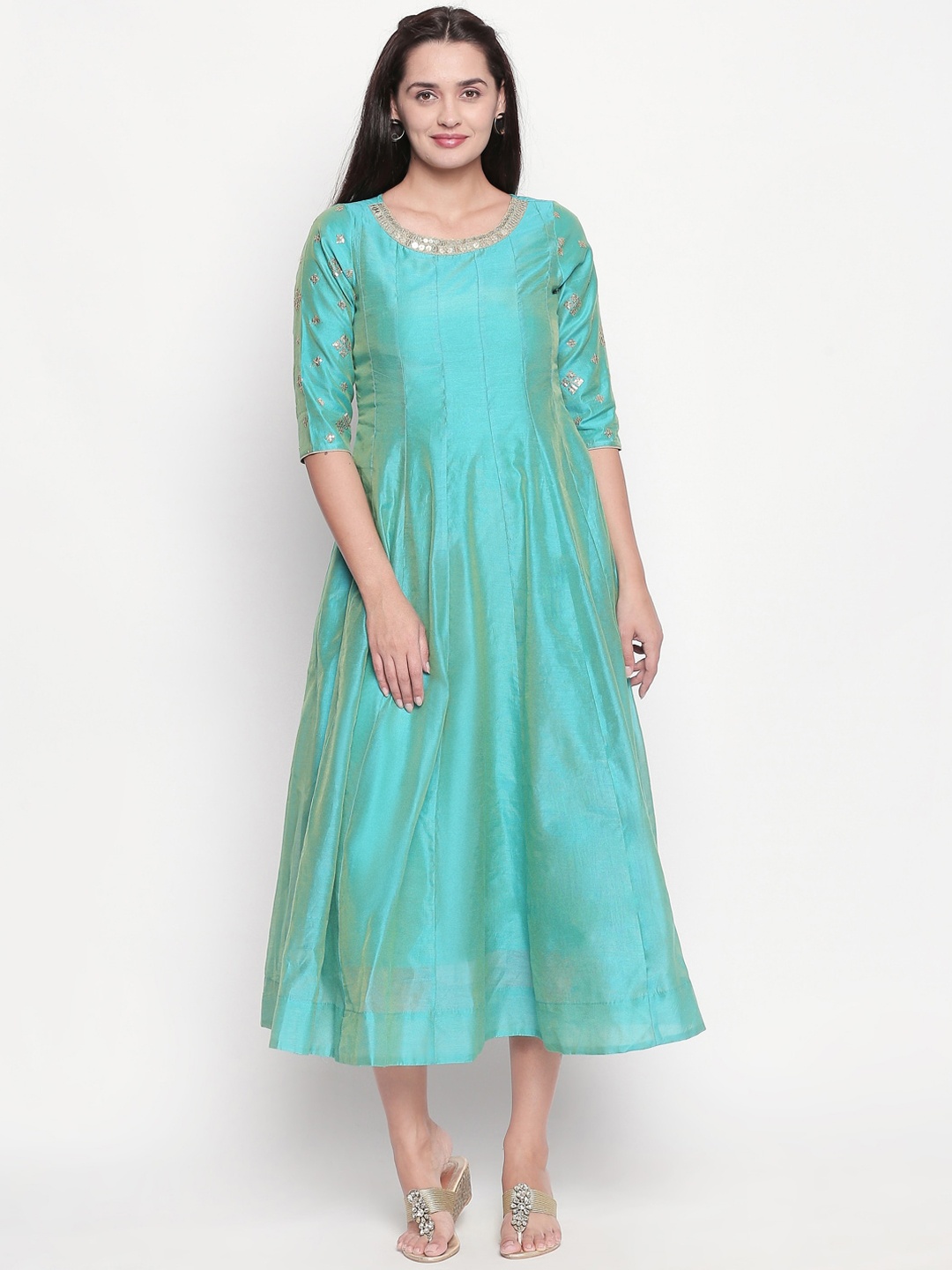 

RANGMANCH BY PANTALOONS Women Turquoise Blue Solid A-Line Dress