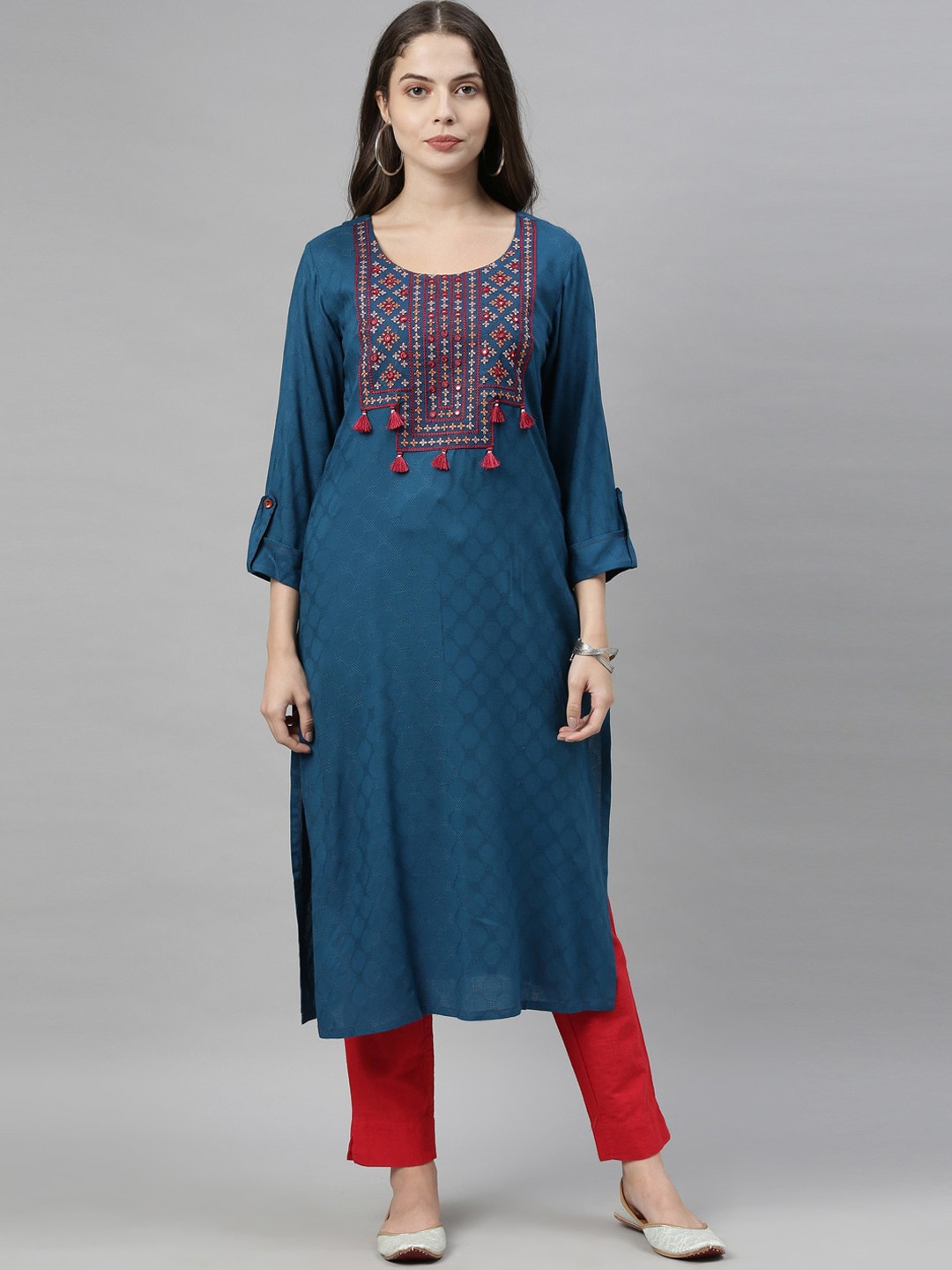 

Neerus Women Blue & Red Yoke & Woven Design Thread & Mirror Work Straight Kurta