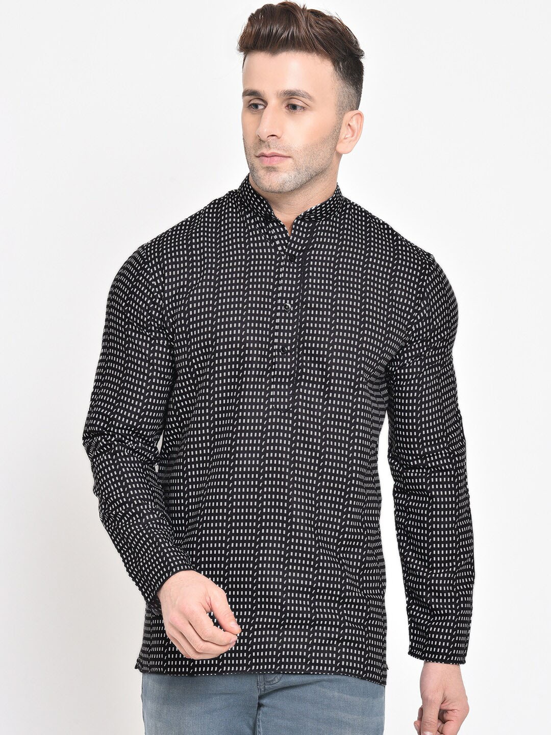 

Hangup Men Black & White Geometric Printed Kurta