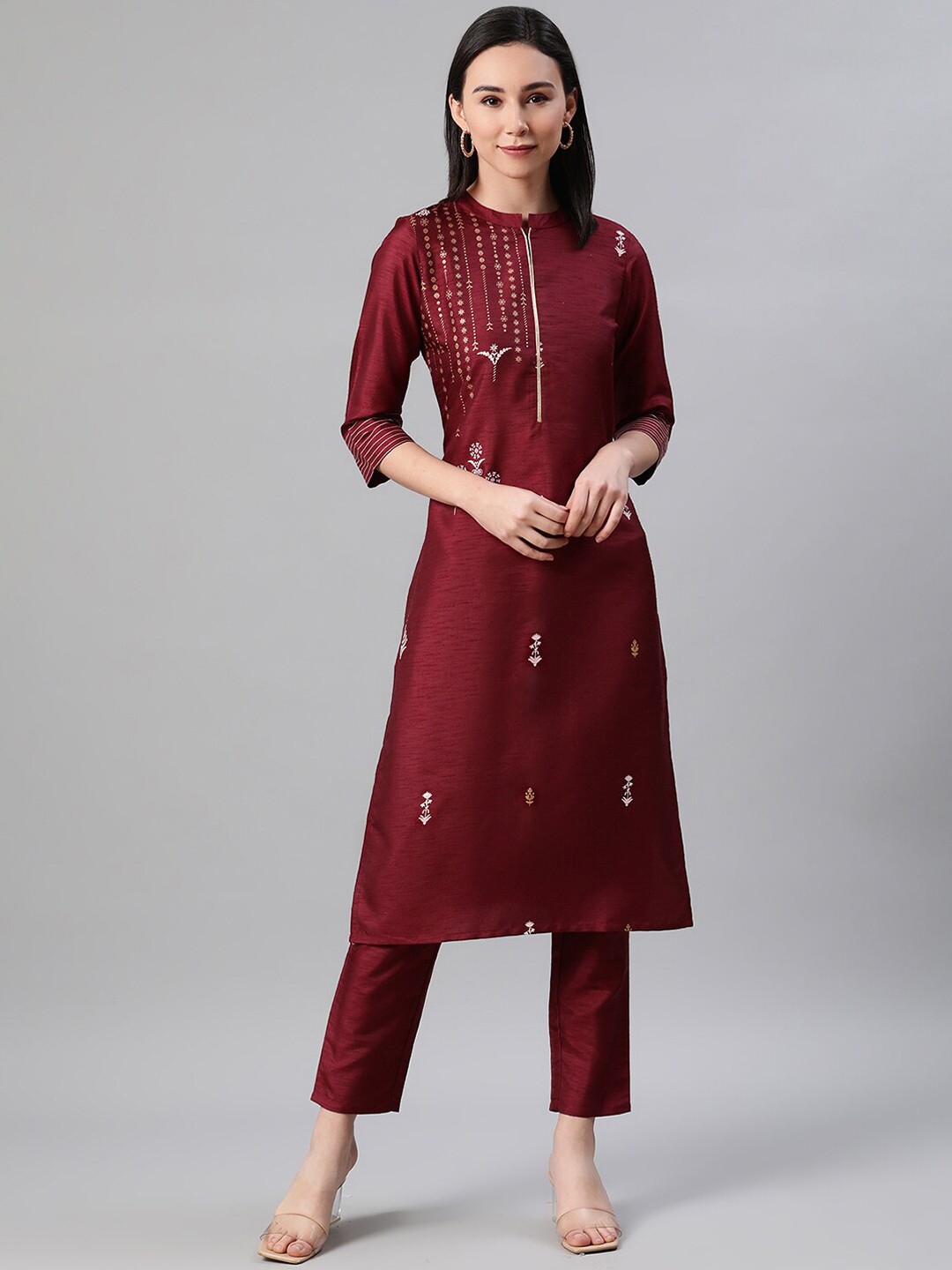 

ZIYAA Women Maroon Ethnic Motifs Foil Printed Straight Kurta