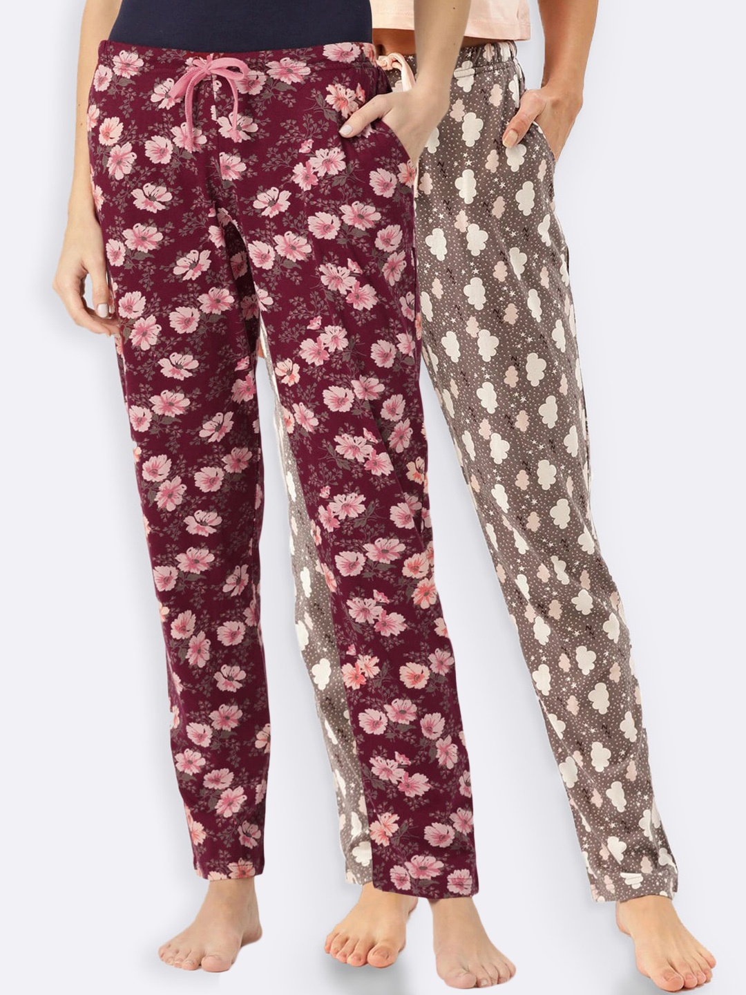 

Kanvin Women Pack of 2 Printed Pure Cotton Lounge Pants, Maroon