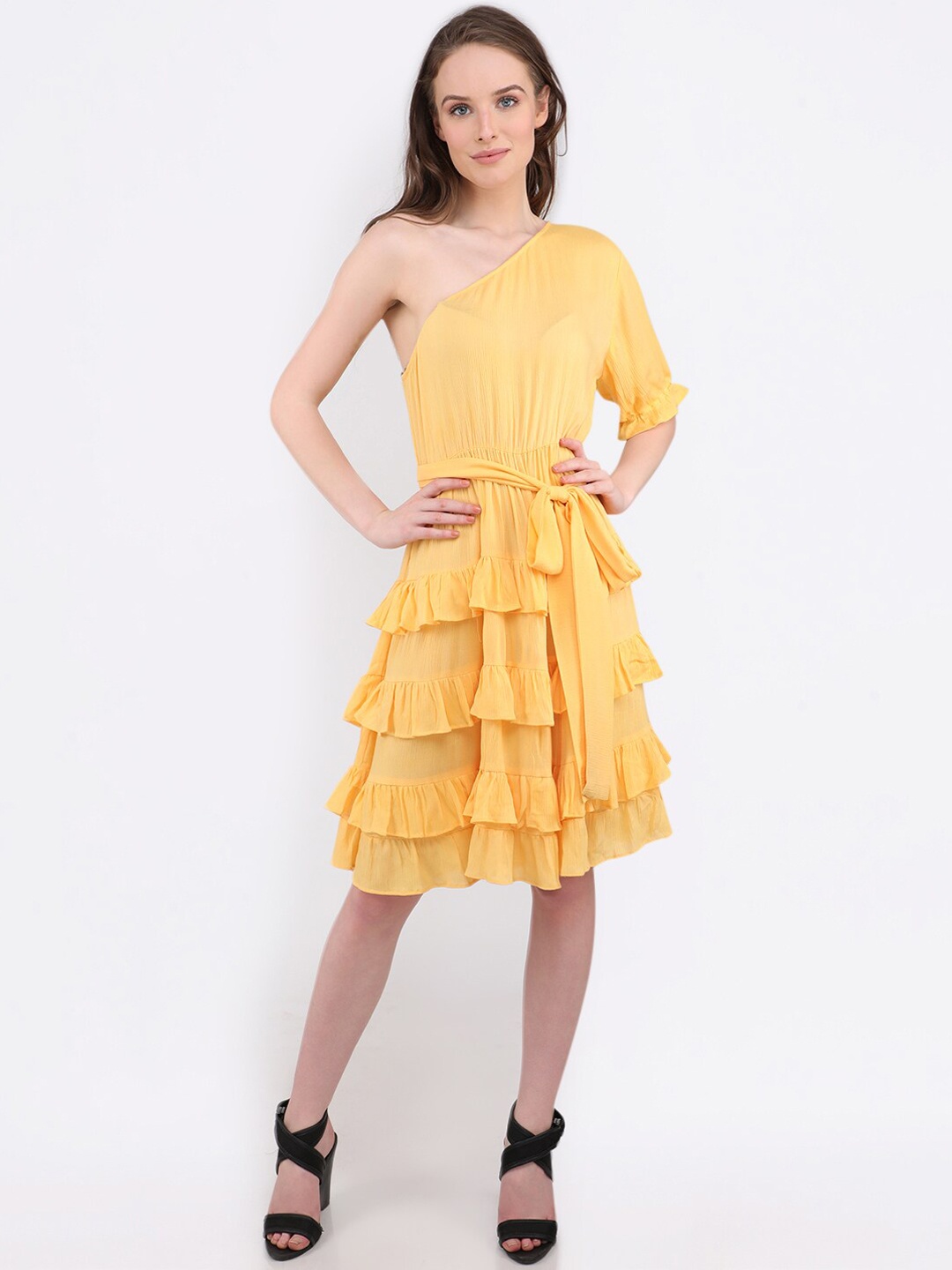

MARC LOUIS Women Yellow Solid Ruffle One-Shoulder A-Line Dress