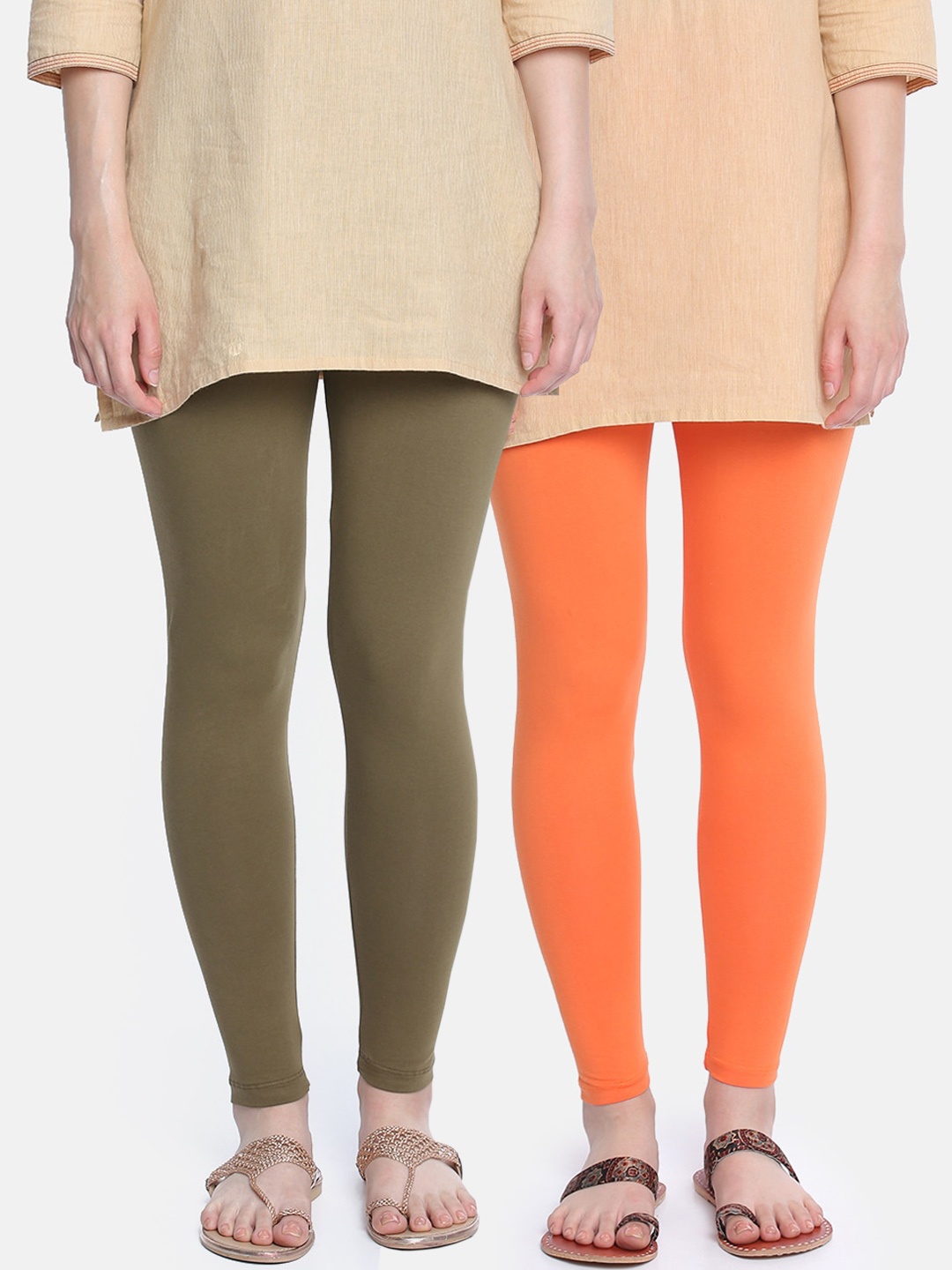 

Dollar Missy Women Pack Of 2 Solid Slim-fit Ankle-Length Cotton Leggings, Olive