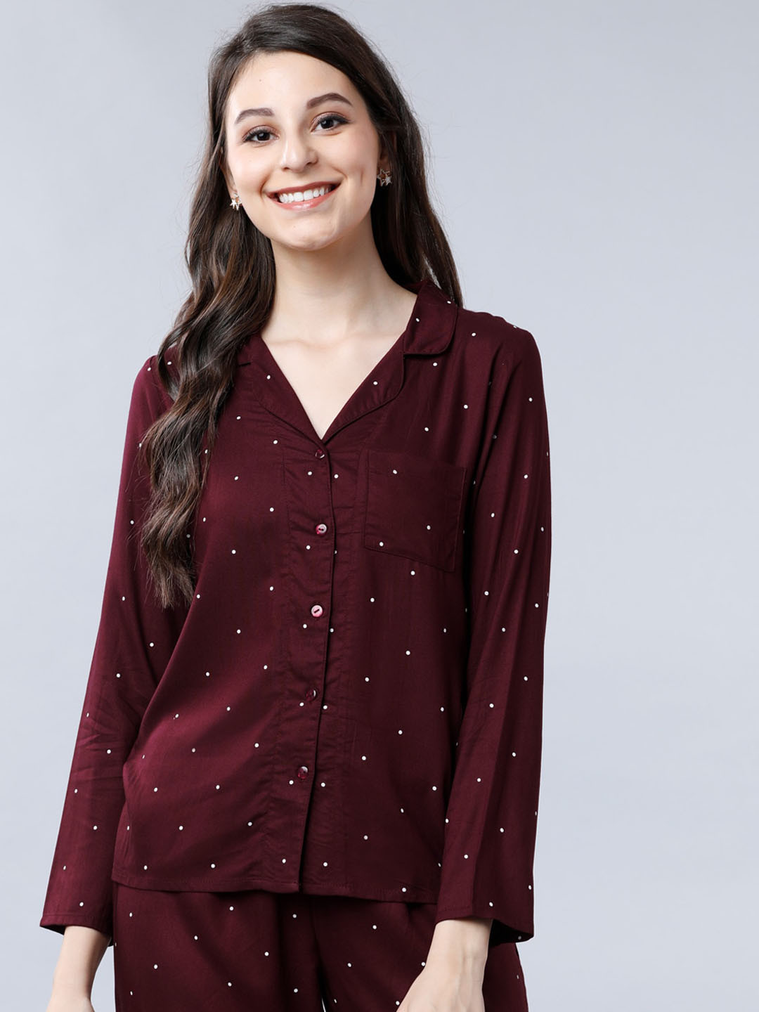 

Tokyo Talkies Women Burgundy Printed Sleep Shirt