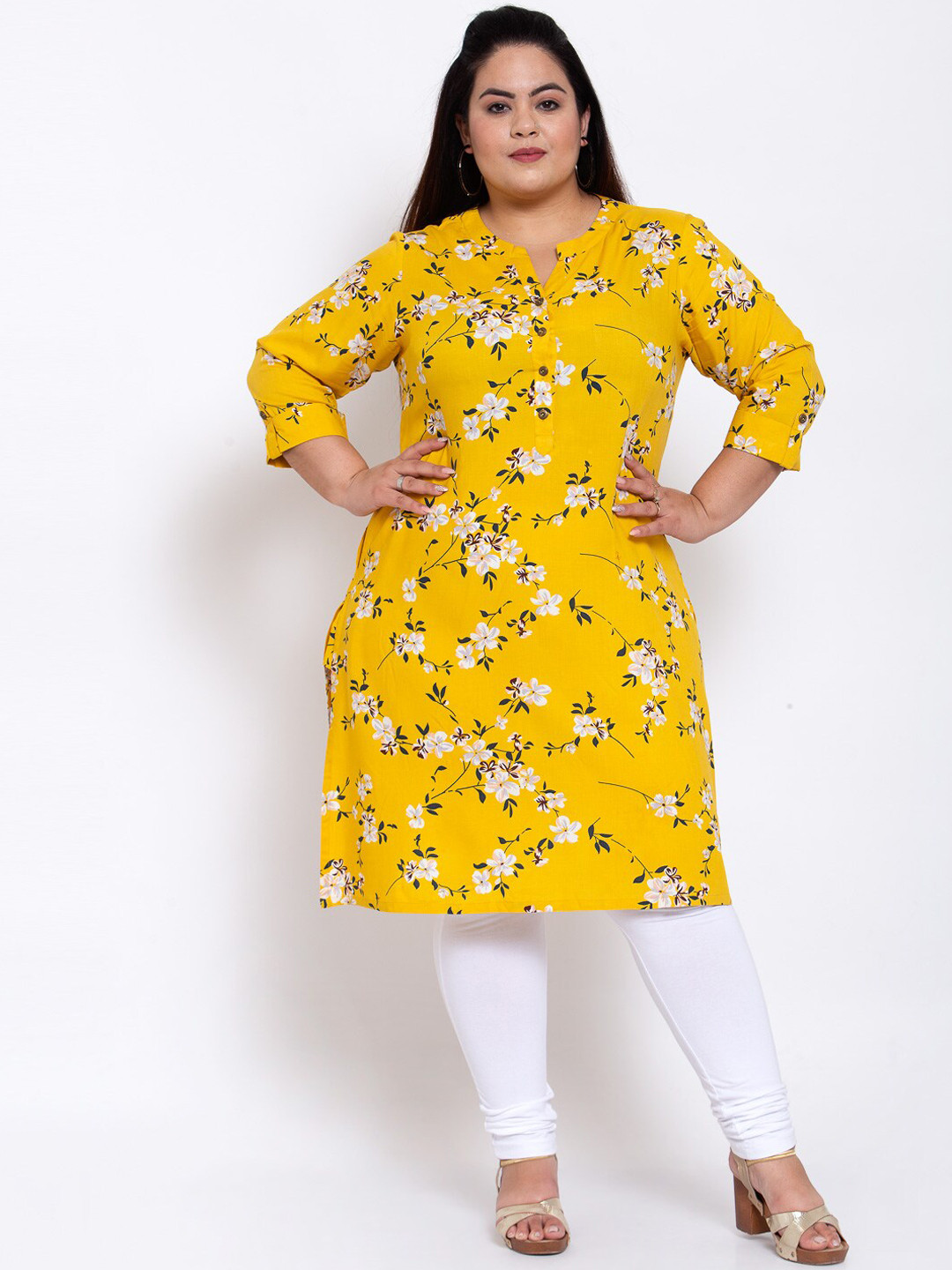 

plusS Women Yellow Floral Printed Kurta