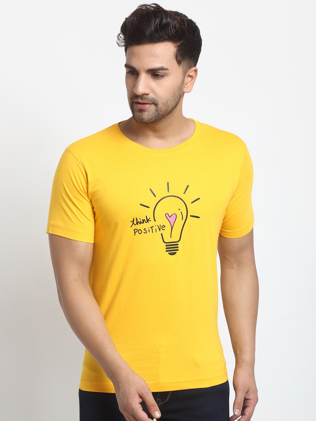 

YOLOCLAN Men Yellow Printed Round Neck T-shirt