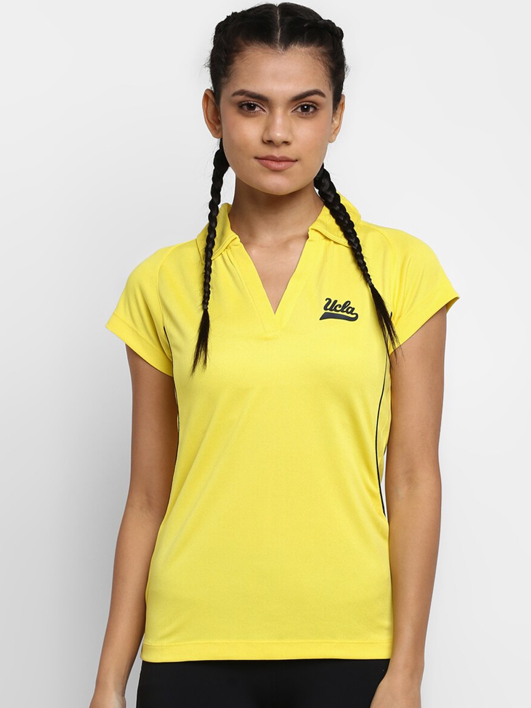

UCLA Women Yellow Solid Slim Fit Polo Collar T-shirt with Brand Logo Print Detail