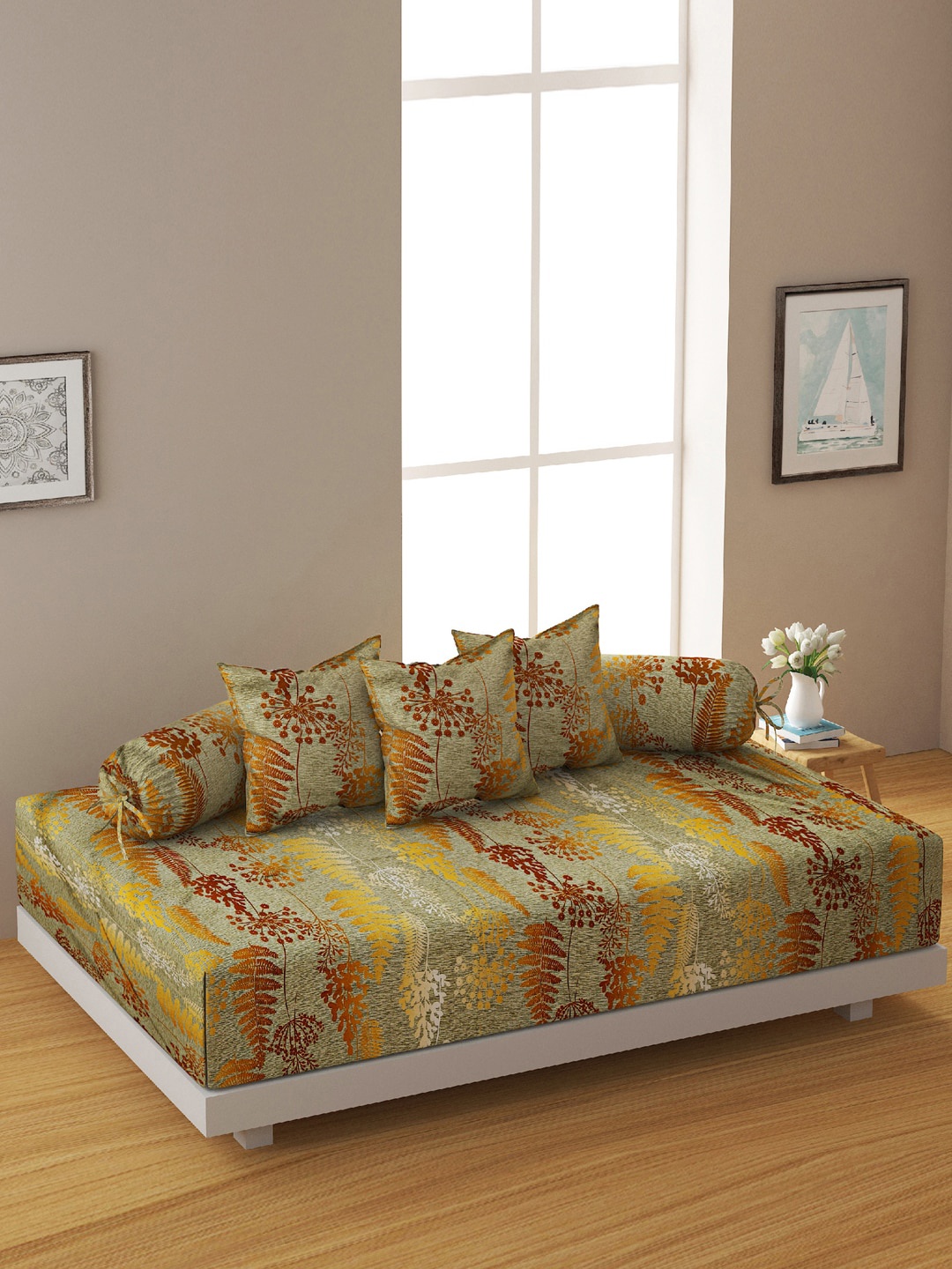 

Swayam Set Of 6 Green & Brown Floral Printed Diwan Set