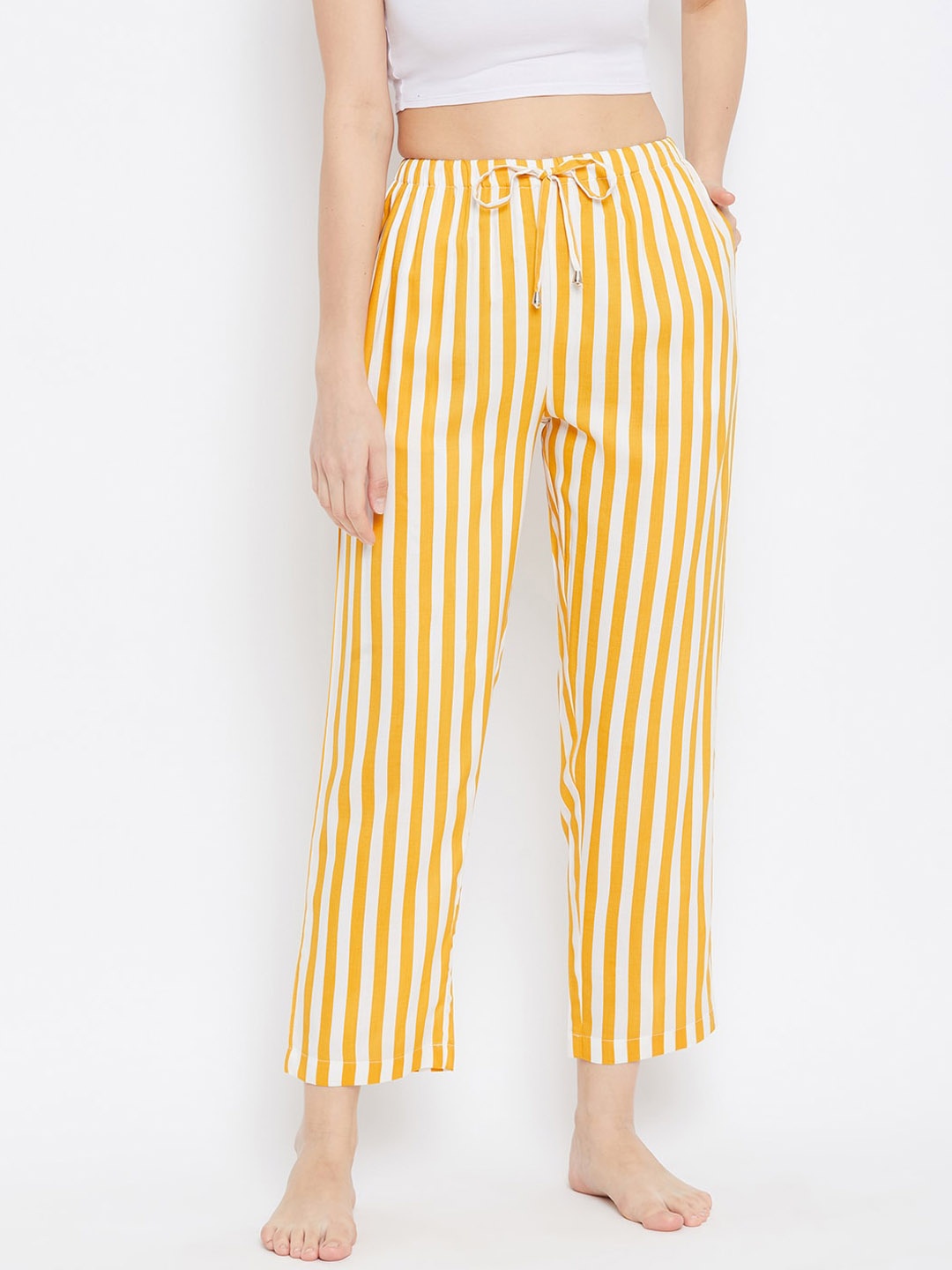 

Hypernation Women White & Yellow Striped Lounge Pant