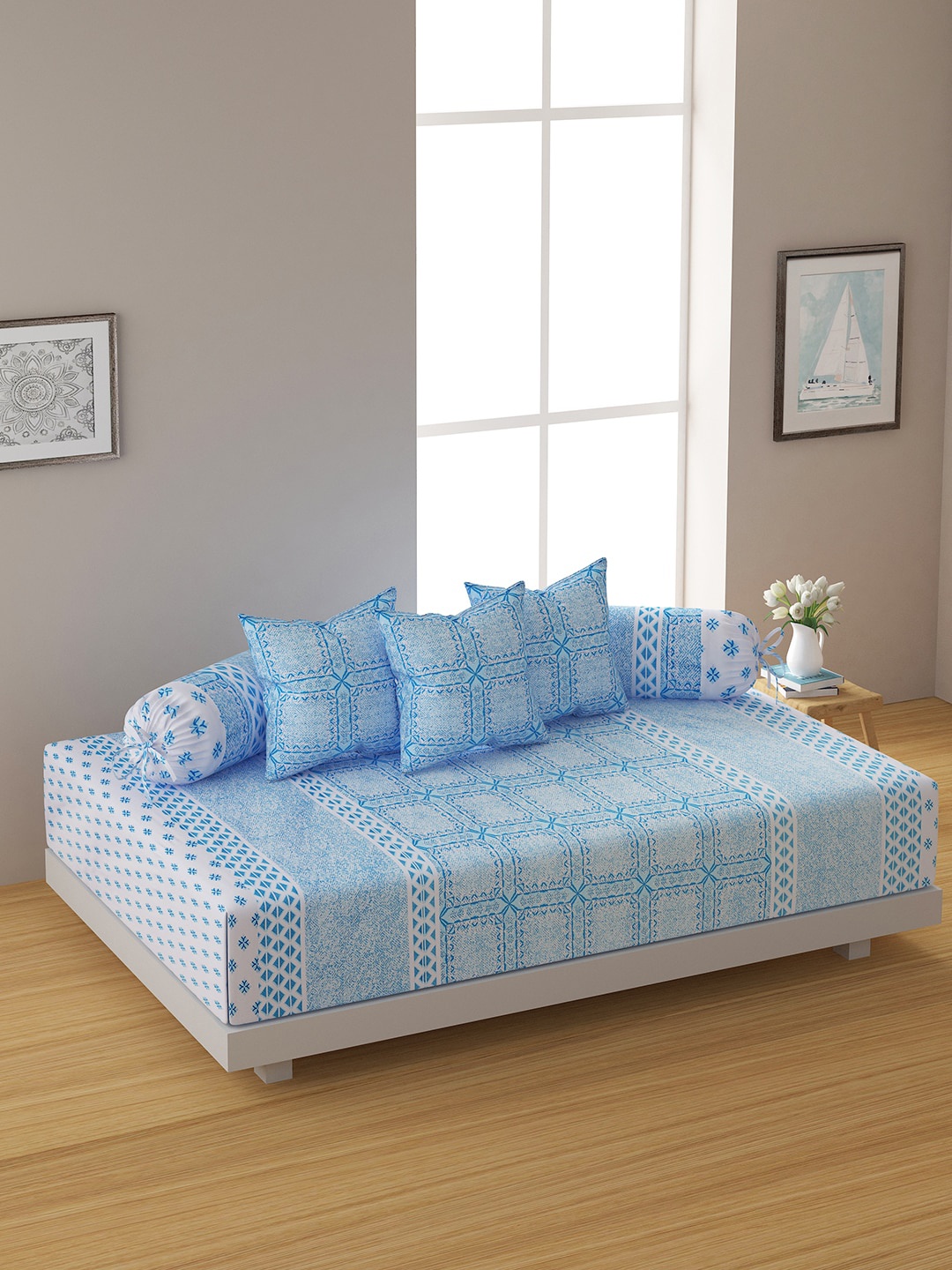 

SWAYAM Set Of 6 Blue & White Geometric Printed Cotton Diwan Set