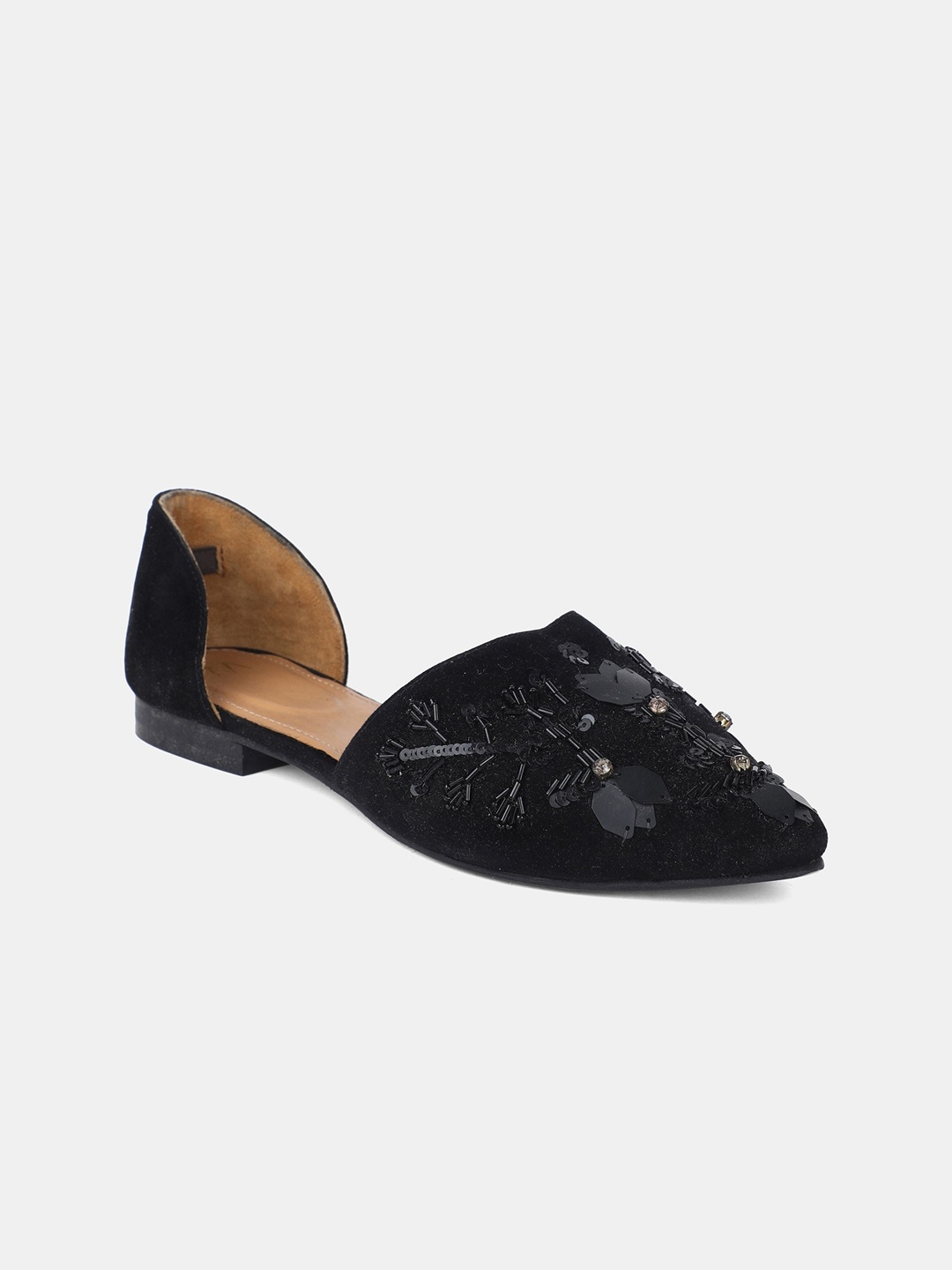 

W The Folksong Collection Women Black Embellished Suede Ballerinas