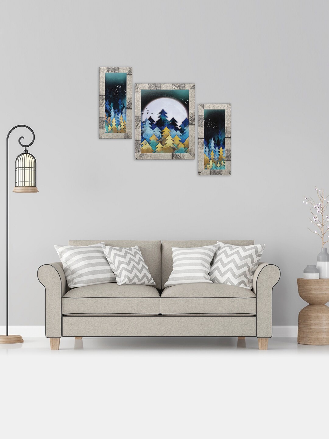 

Indianara Set Of 3 Grey & Blue Digital Pine Leaves Printed Framed Wall Paintings