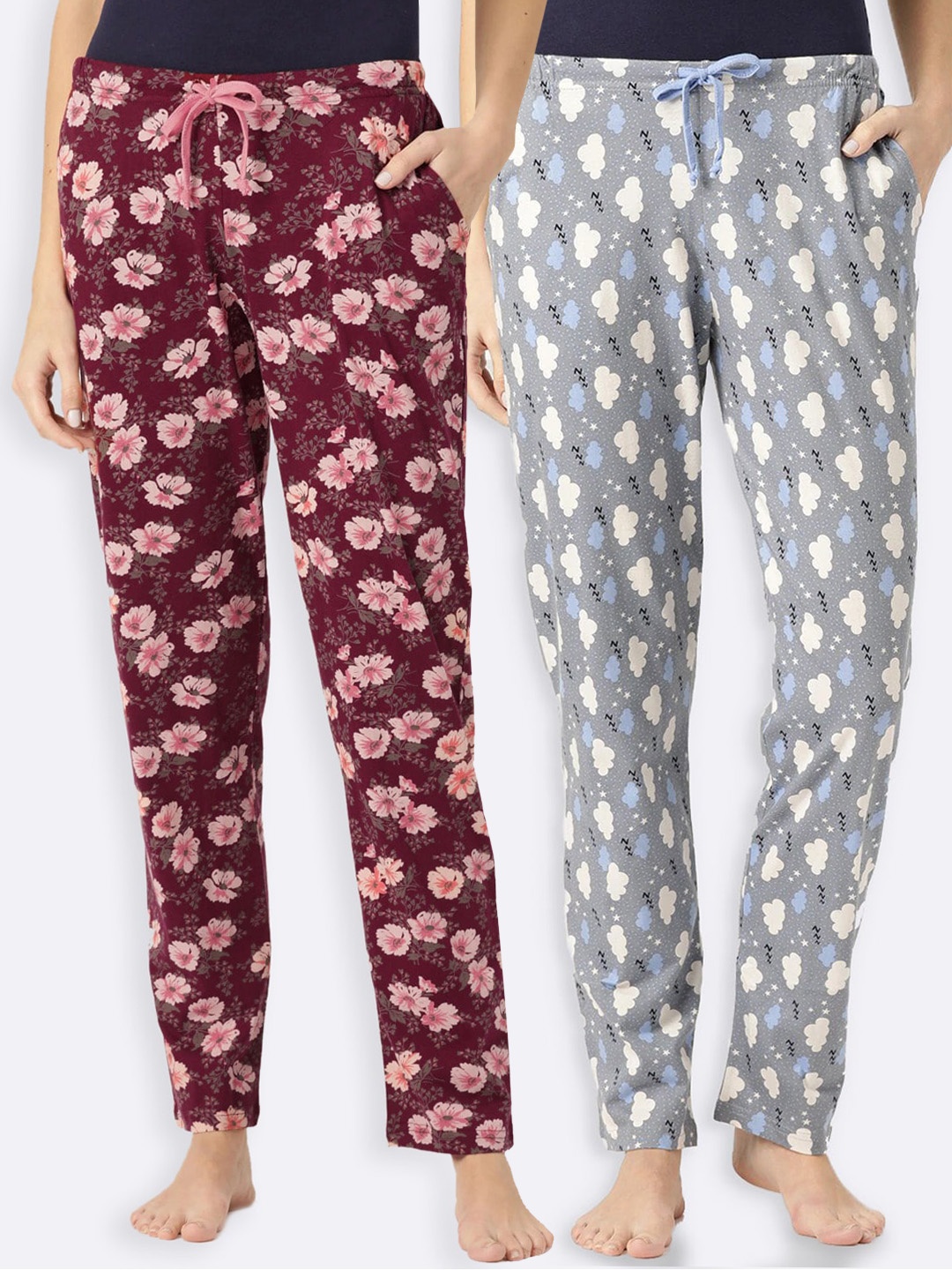

Kanvin Women Pack of 2 Printed Pure Cotton Lounge Pants, Maroon