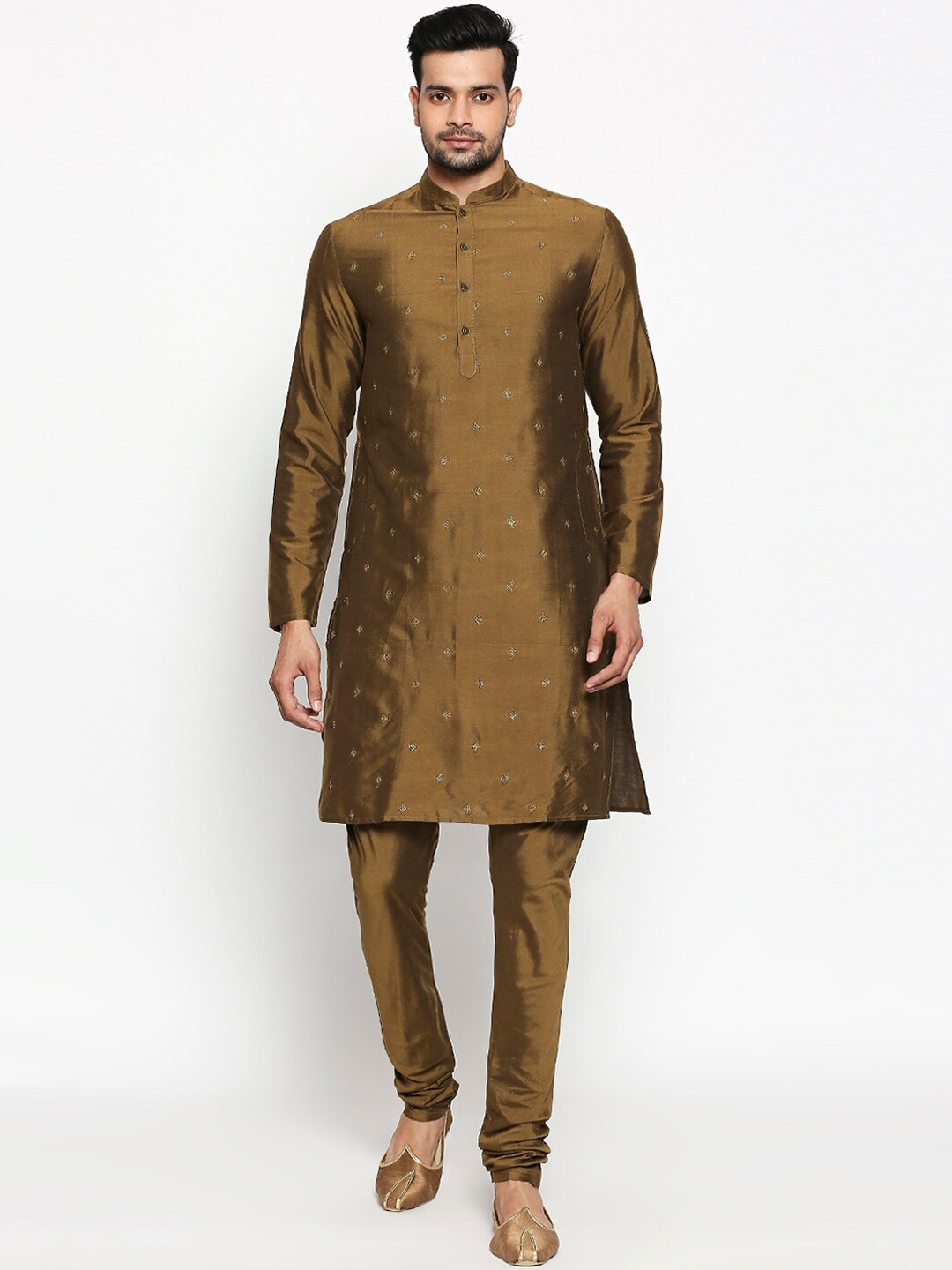 

indus route by Pantaloons Men Olive Green Self Design Kurta with Churidar