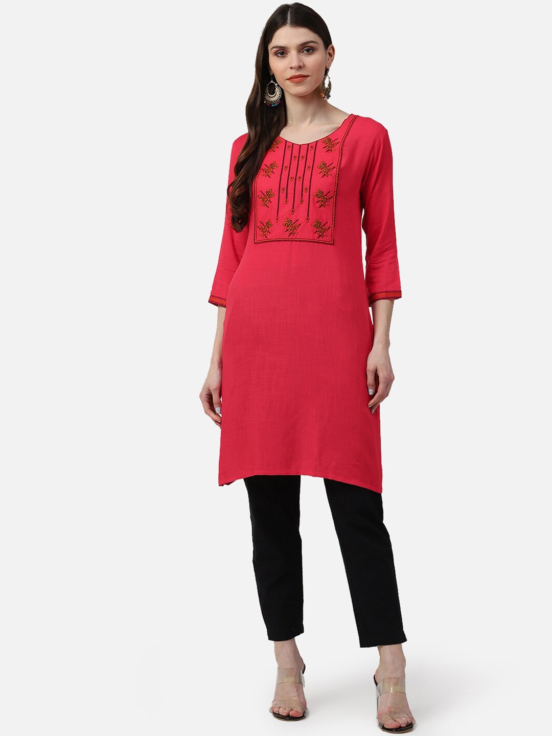 

AHIKA Women Pink & Yellow Yoke Design Cotton Straight Kurta