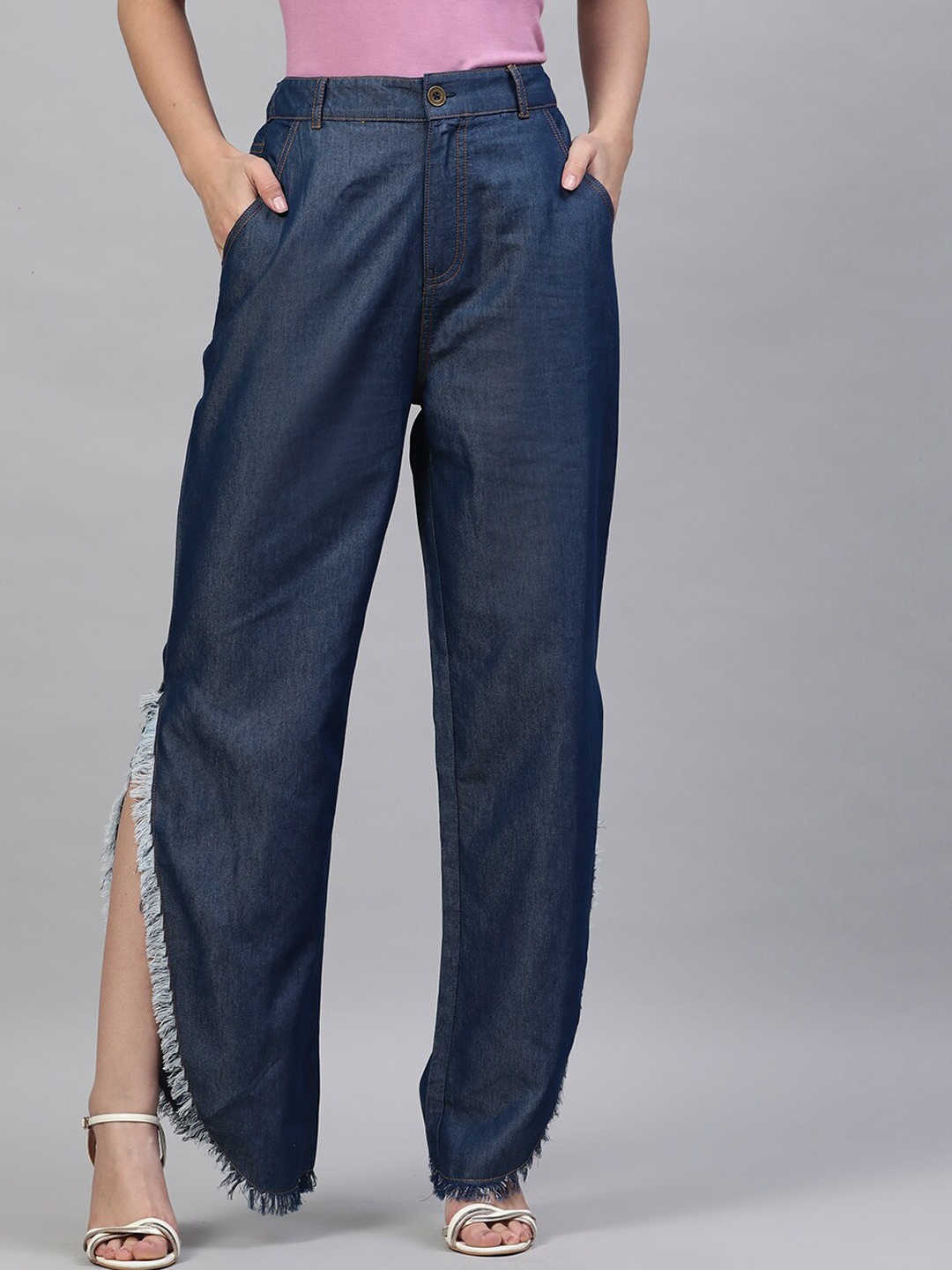 STREET 9 Women Blue Tapered Fit Solid Denim Cotton Regular Trousers