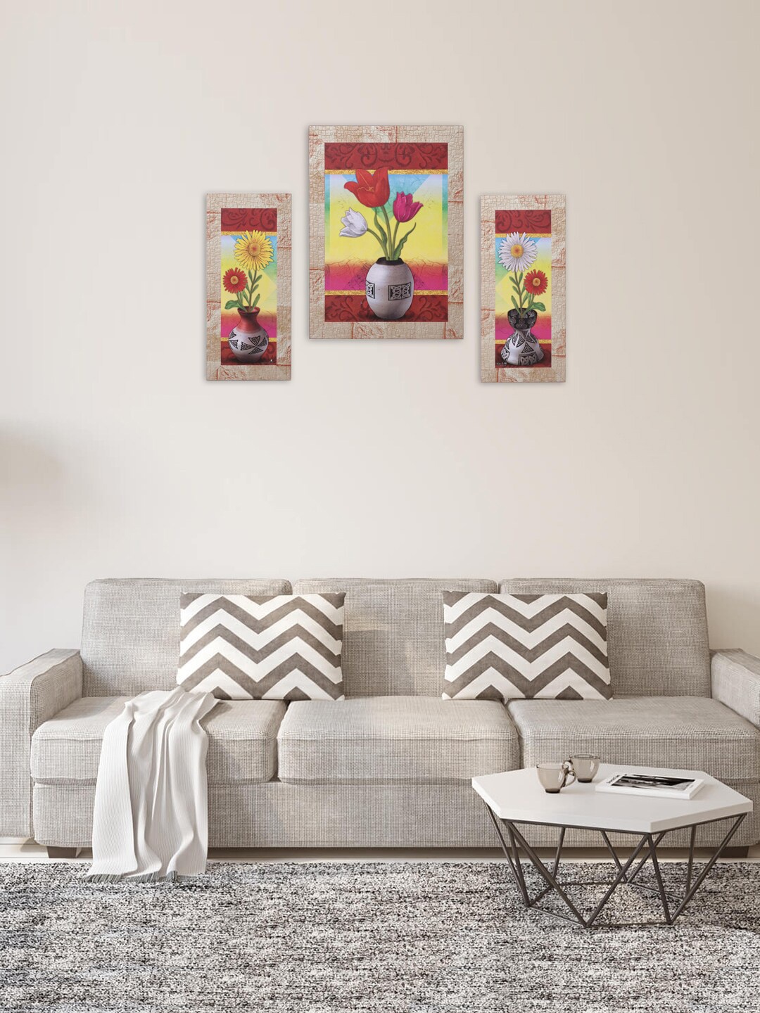 

Indianara Set Of 3 Red & White Flowers in Vases Framed Wall Arts