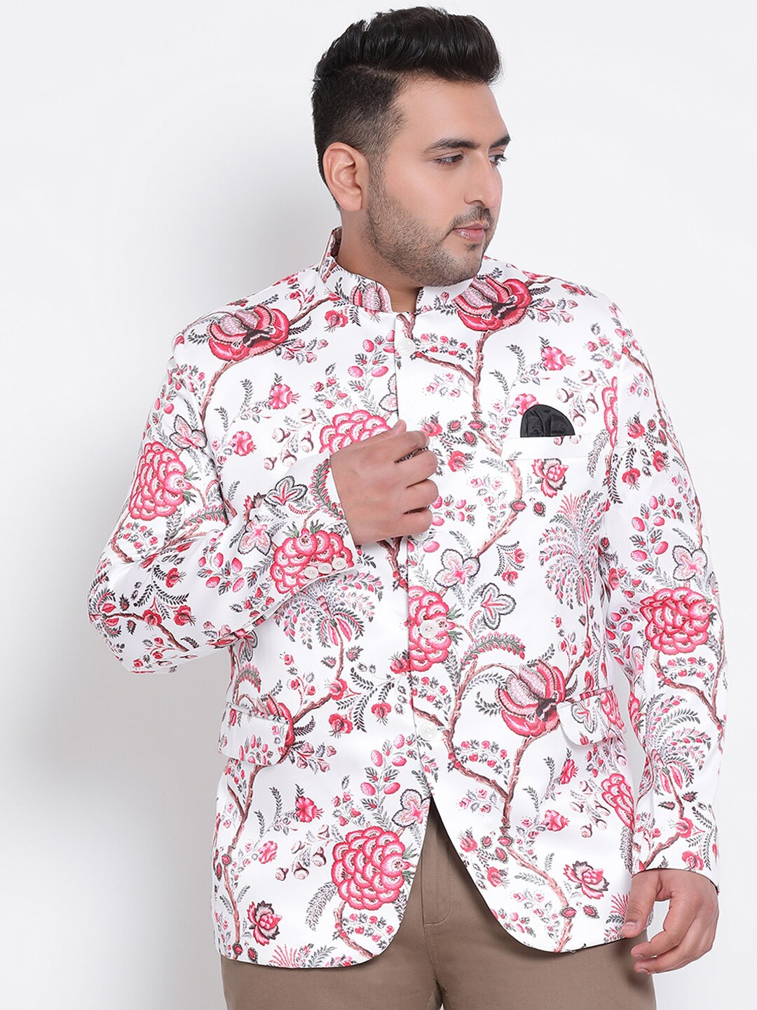 

Hangup Men White & Pink Printed Single-Breasted Bandhgala Blazer