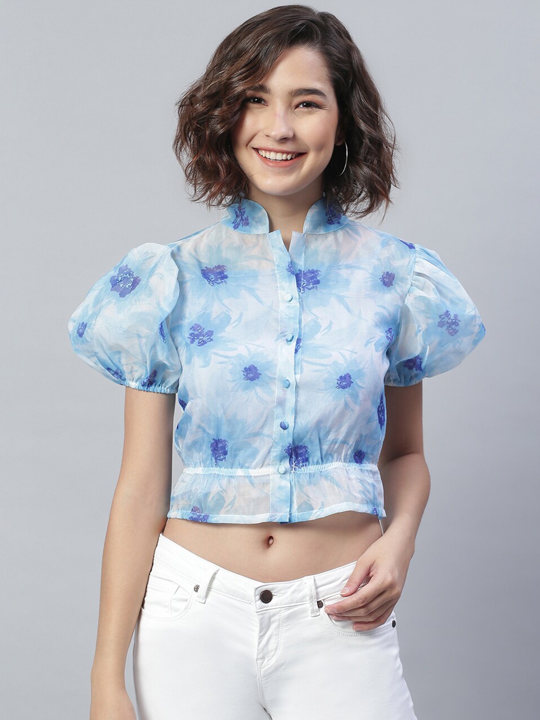 

KASSUALLY Blue Floral Shirt Style Crop Top