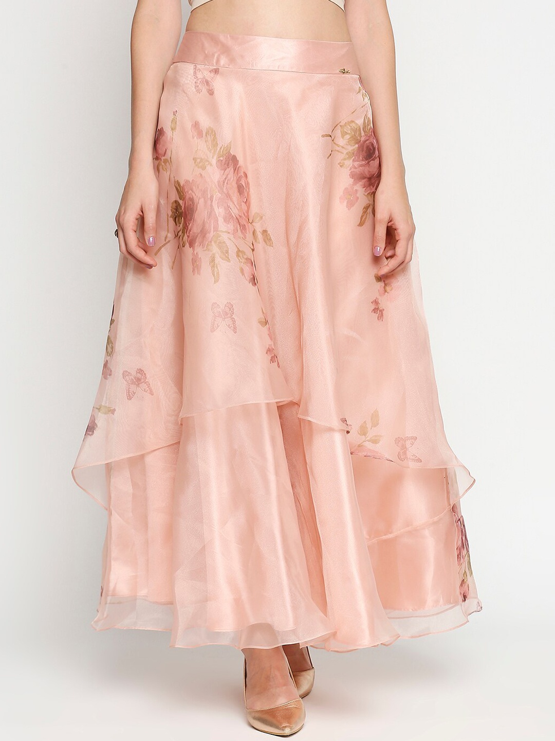 

Ira Soleil Peach-Coloured Digital Floral Printed Layered Flared Skirt