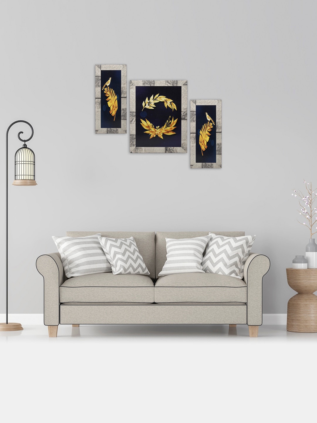 

Indianara Set Of 3 Digital Golden Leaves Printed Framed Wall Paintings, Grey