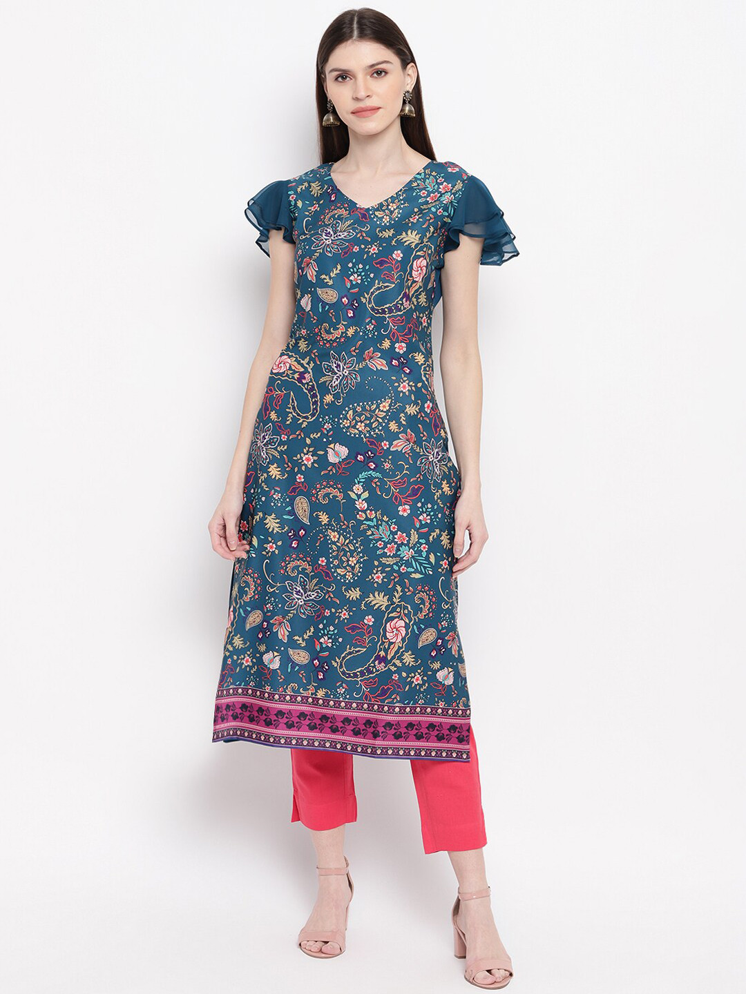 

Janasya Women Teal BLue & Yellow Printed Flared Sleeves Straight Kurta