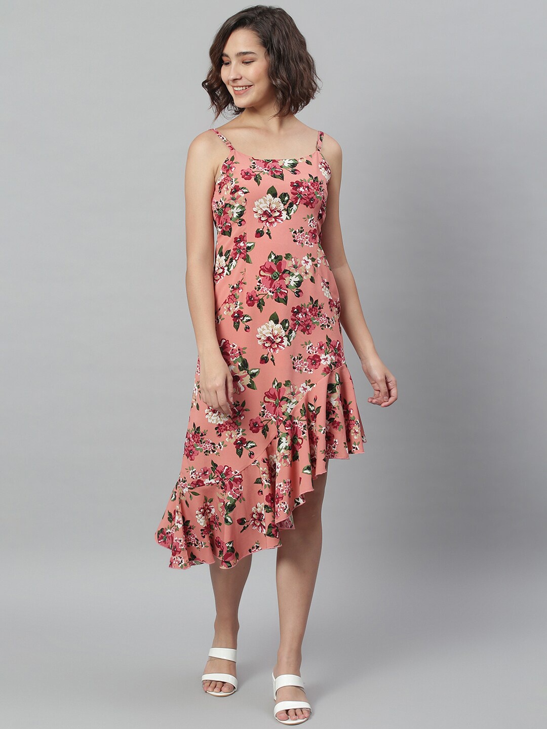 

KASSUALLY Pink Floral Crepe A-Line Midi Dress