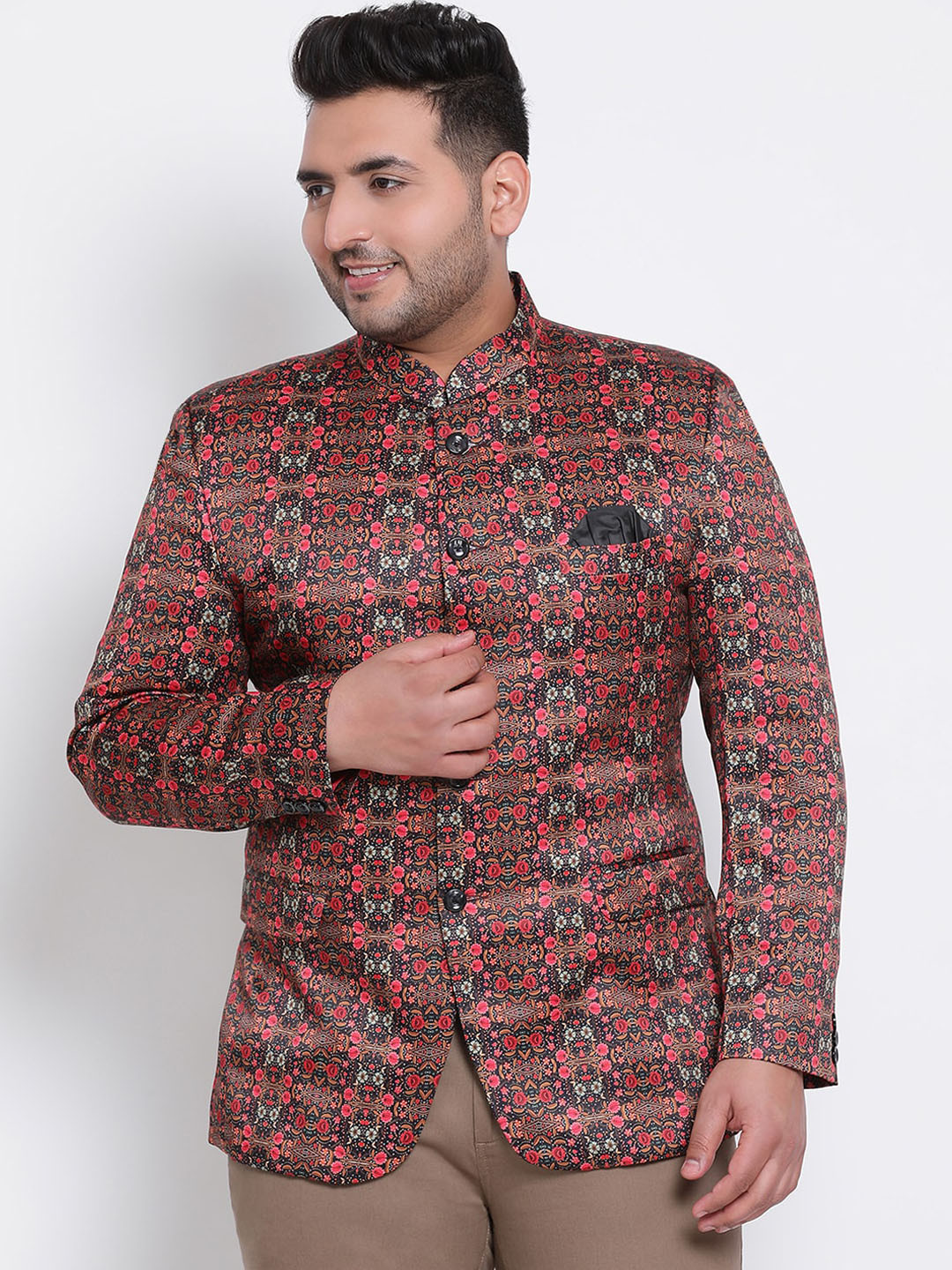 

Hangup Men Black & Pink Printed Bandhgala Blazer