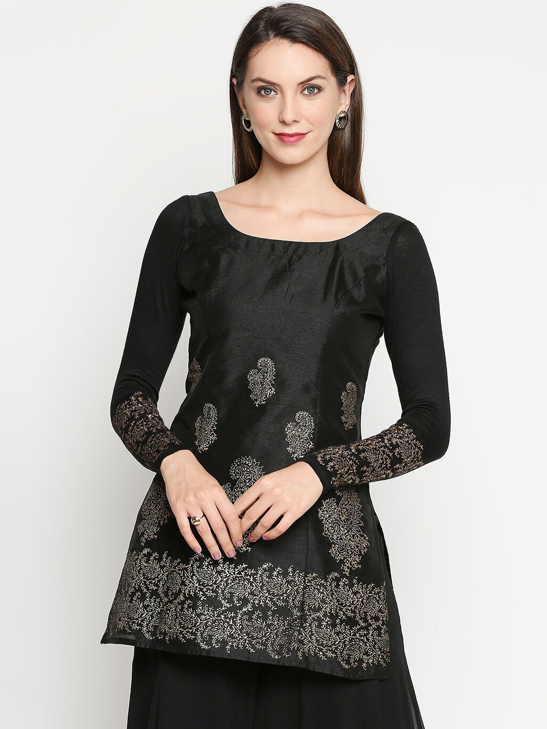 

Ira Soleil Women Black & Gold-Coloured Printed A-Line Kurti