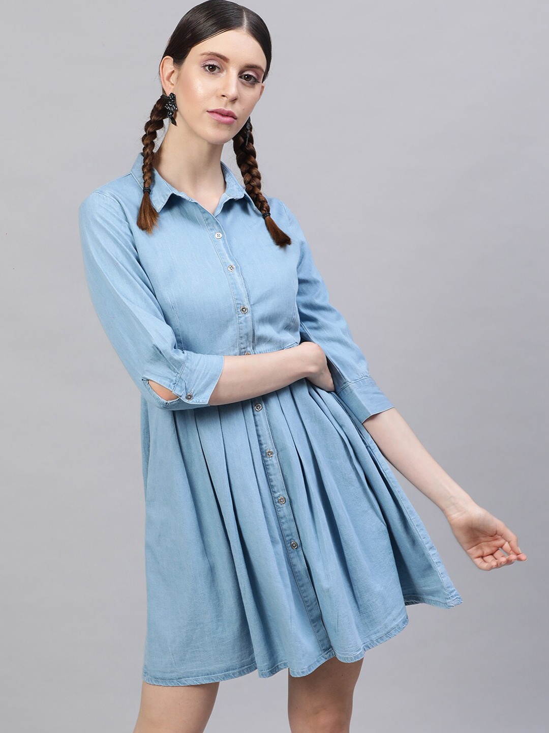 

STREET 9 Women Blue Solid A-Line Denim Dress