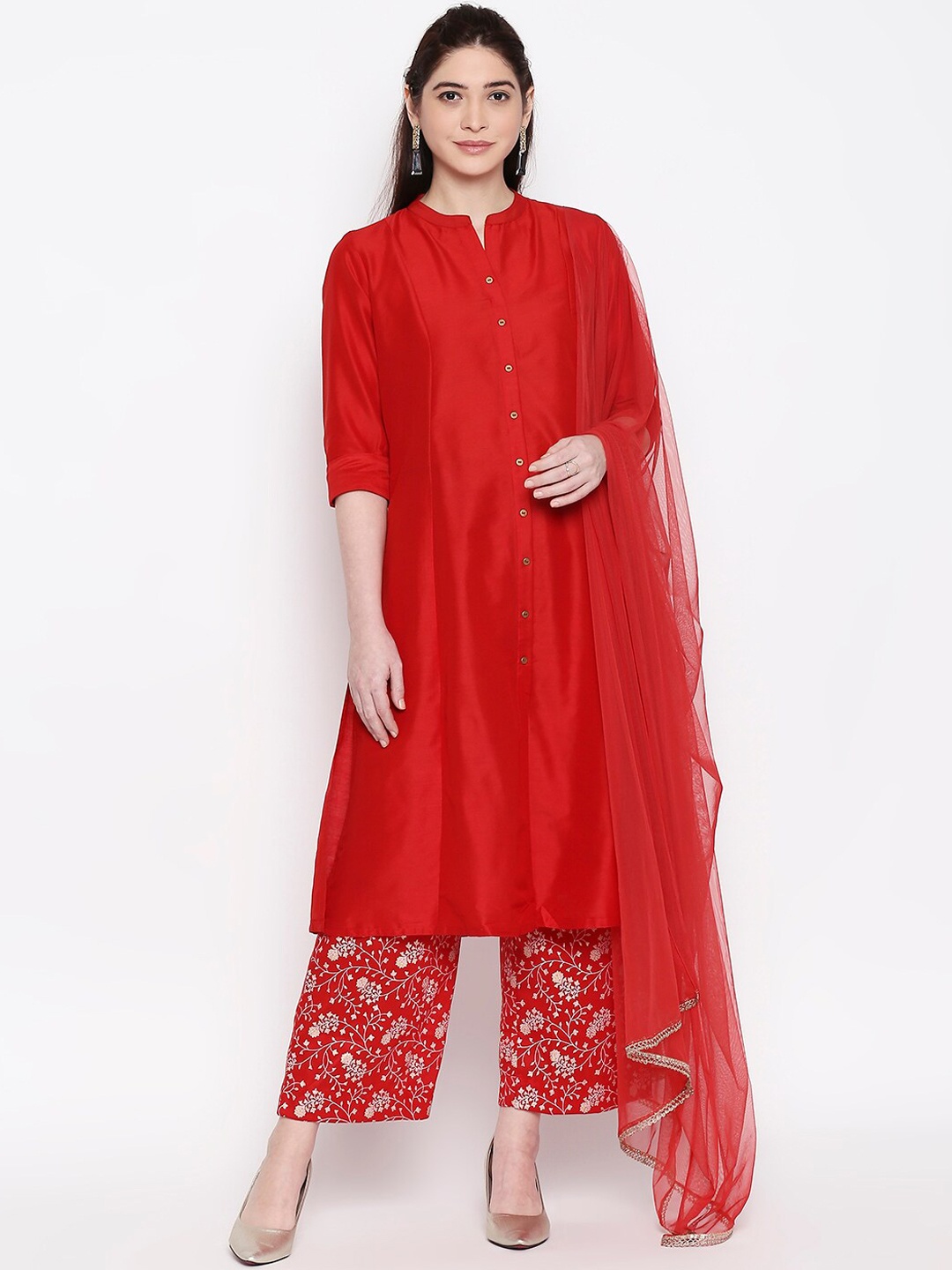 

RANGMANCH BY PANTALOONS Women Red Floral Panelled Kurta with Palazzos & With Dupatta