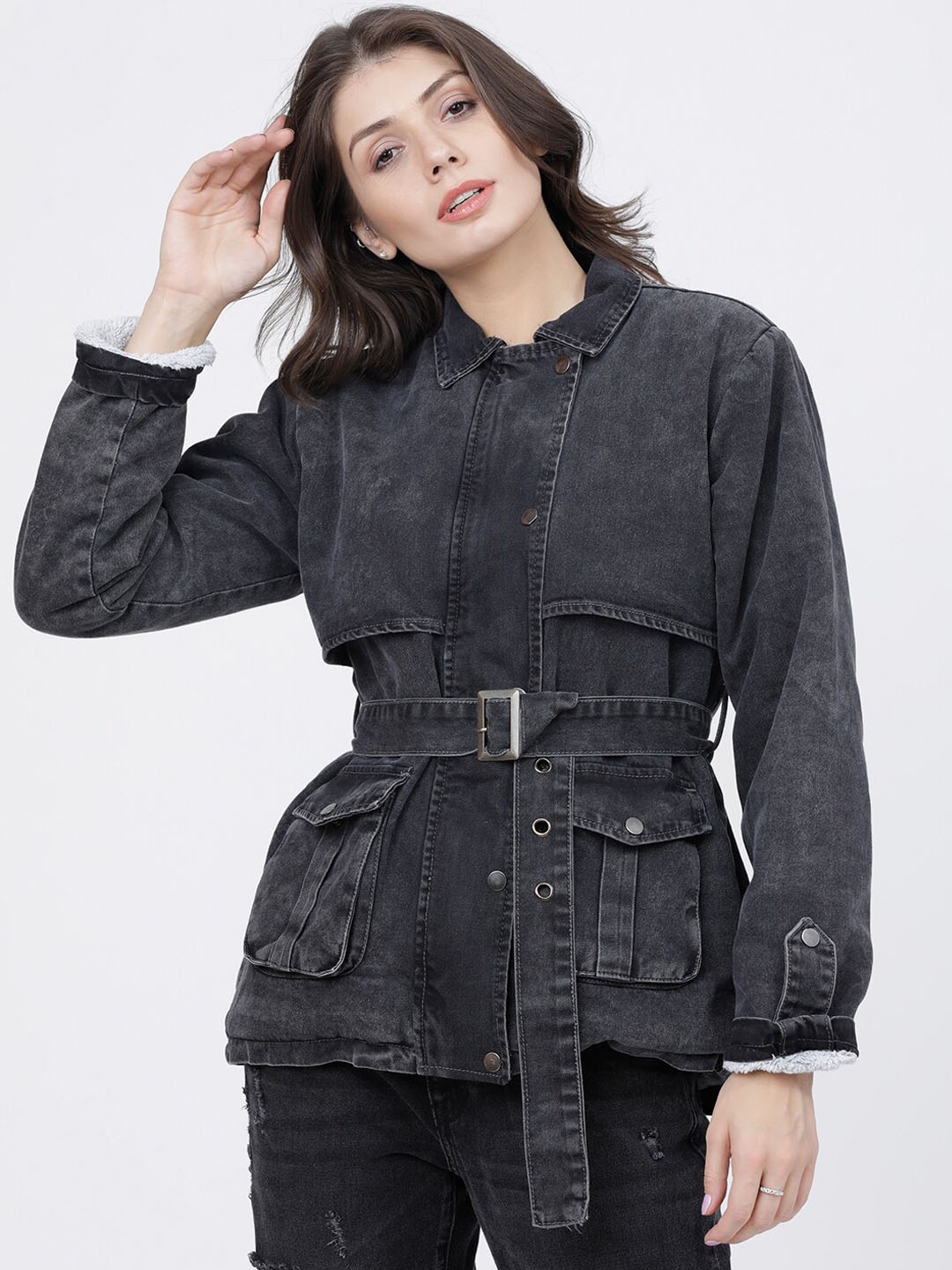 

Tokyo Talkies Women Black Solid Denim Jacket with Belt