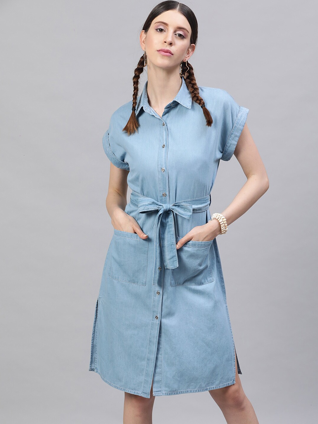 

STREET 9 Women Blue Solid Shirt Dress