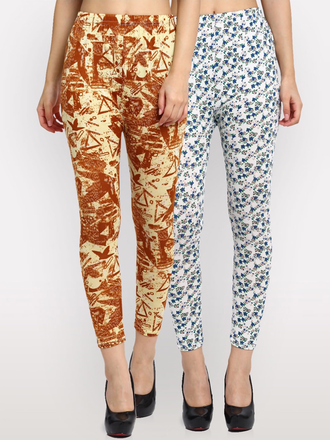 

NEUDIS Women Pack of 2 Printed Skinny Fit Ankle Length Crop Leggings, Beige