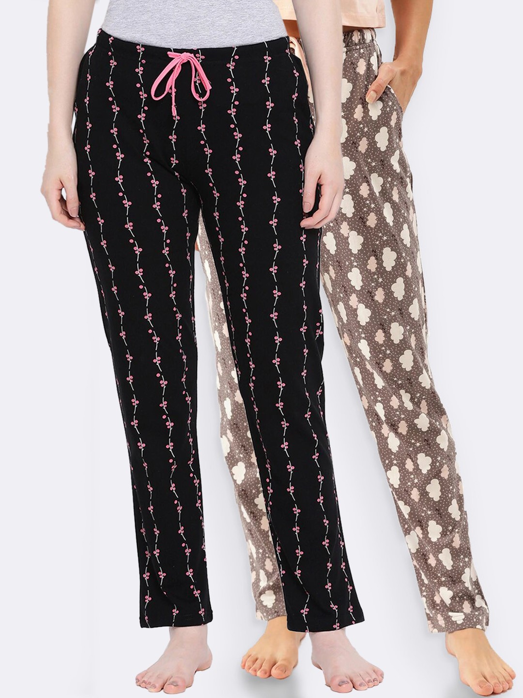 

Kanvin Women Pack of 2 Printed Pure Cotton Lounge Pants, Brown