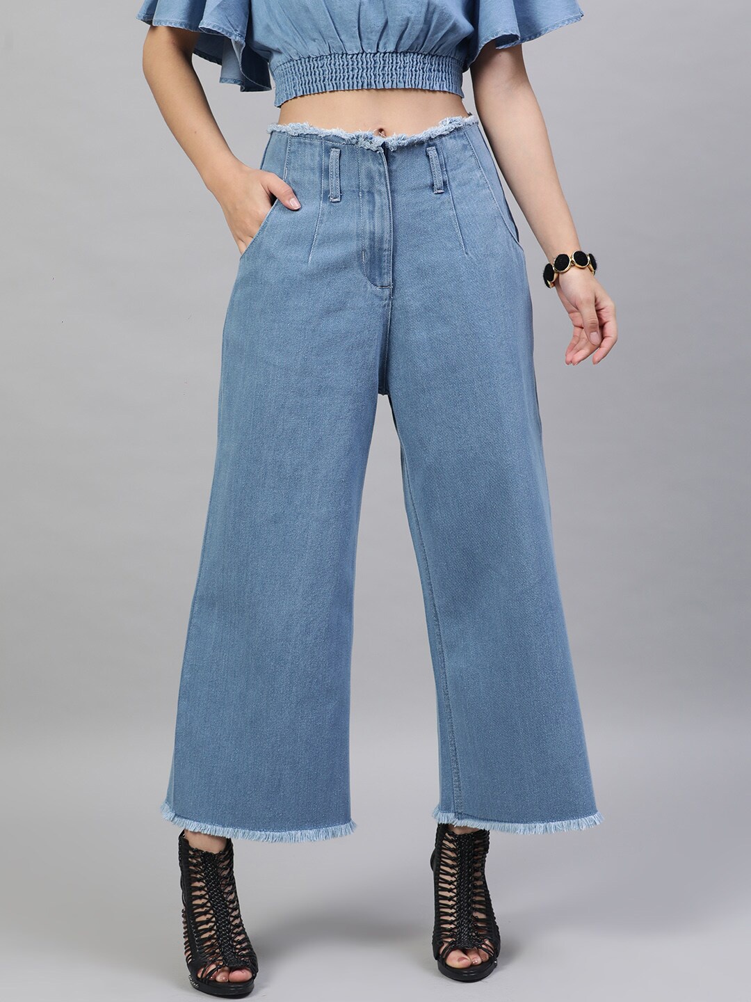 

STREET 9 Women Blue Flared Solid Cotton Denim Parallel Trousers