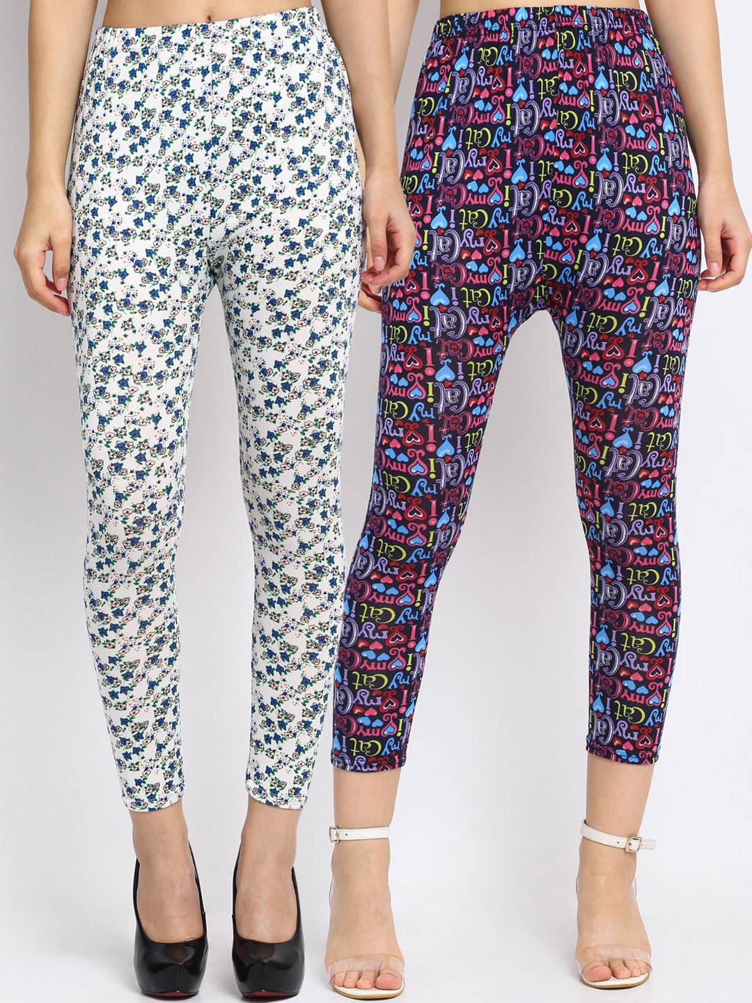 

NEUDIS Women Pack of 2 Printed Skinny Fit Ankle Length Crop Leggings, White