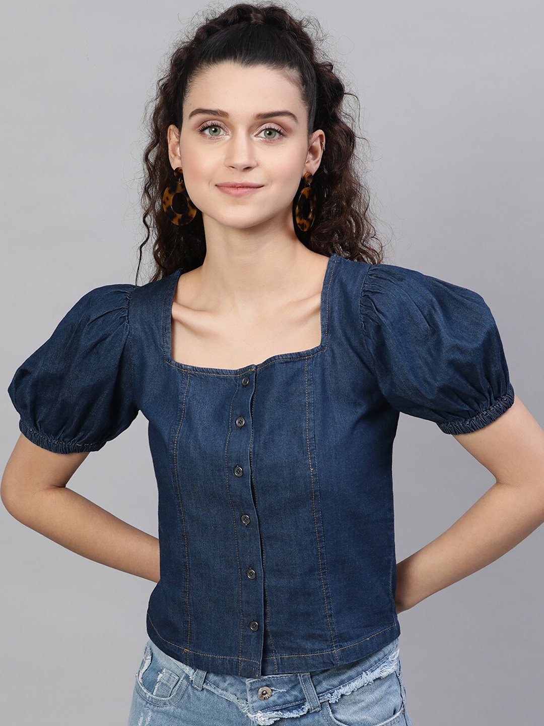 

STREET 9 Navy Blue Solid Puff Sleeves Indigo Pure Cotton Denim Regular Top