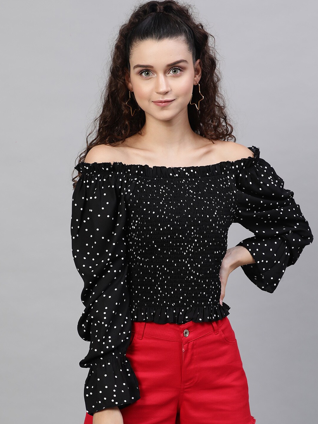 

STREET 9 Black & White Polka Dot Print Off-Shoulder Smocked Monochrome Bardot Top