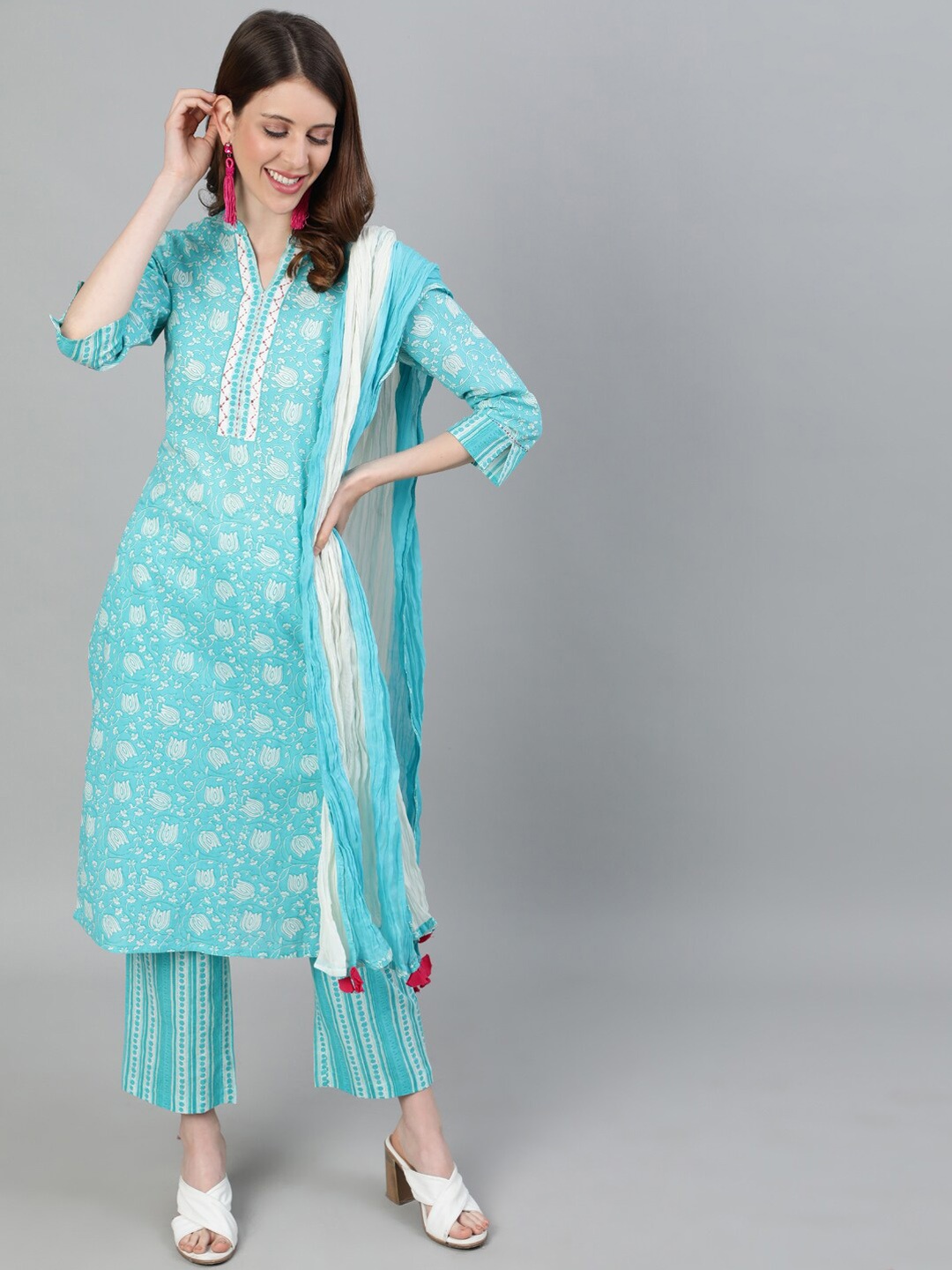 

Jaipur Kurti Women Blue Printed Kurta with Trousers & Dupatta