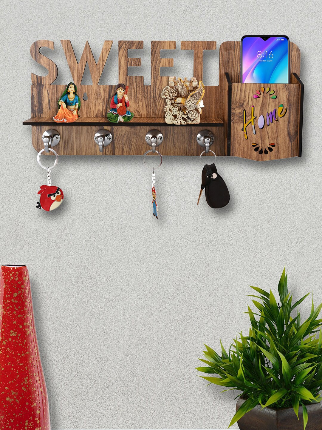 

ROMEE Brown Wooden-Pattern Key Holder & Mobile Stand Holder