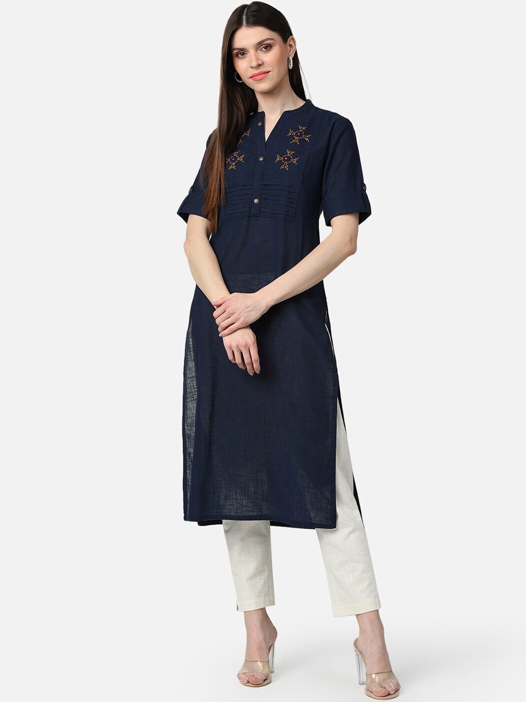 

AHIKA Women Navy Blue & Orange Embroidered Yoke Design Cotton Indigo Straight Kurta