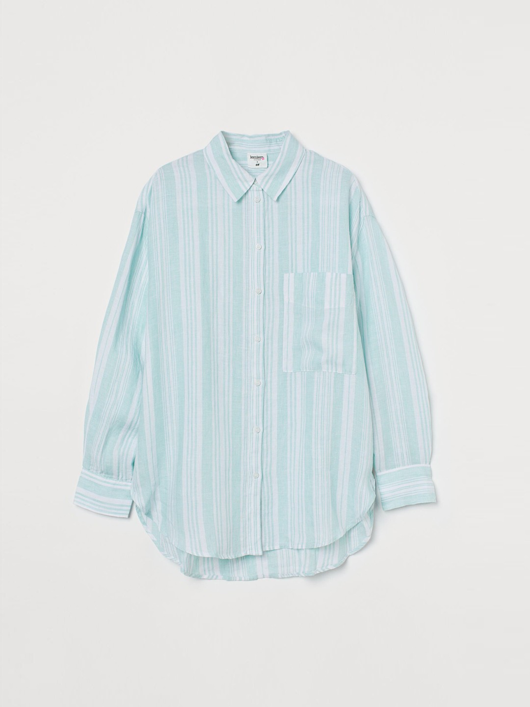 

H&M Women Mint Green & White Striped Linen Shirt