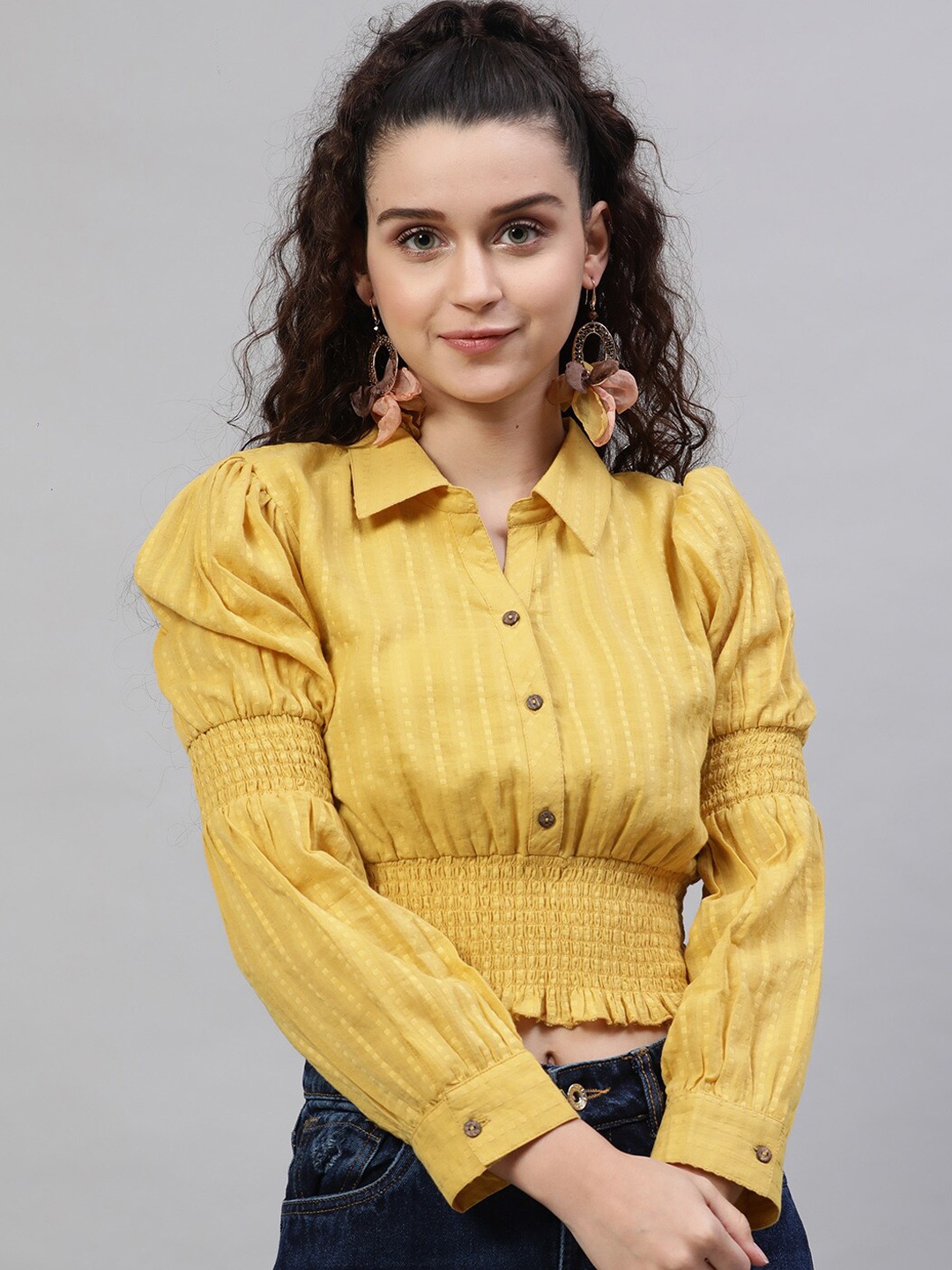 STREET 9 Yellow Striped Pure Cotton Smocked Shirt Style Crop Top