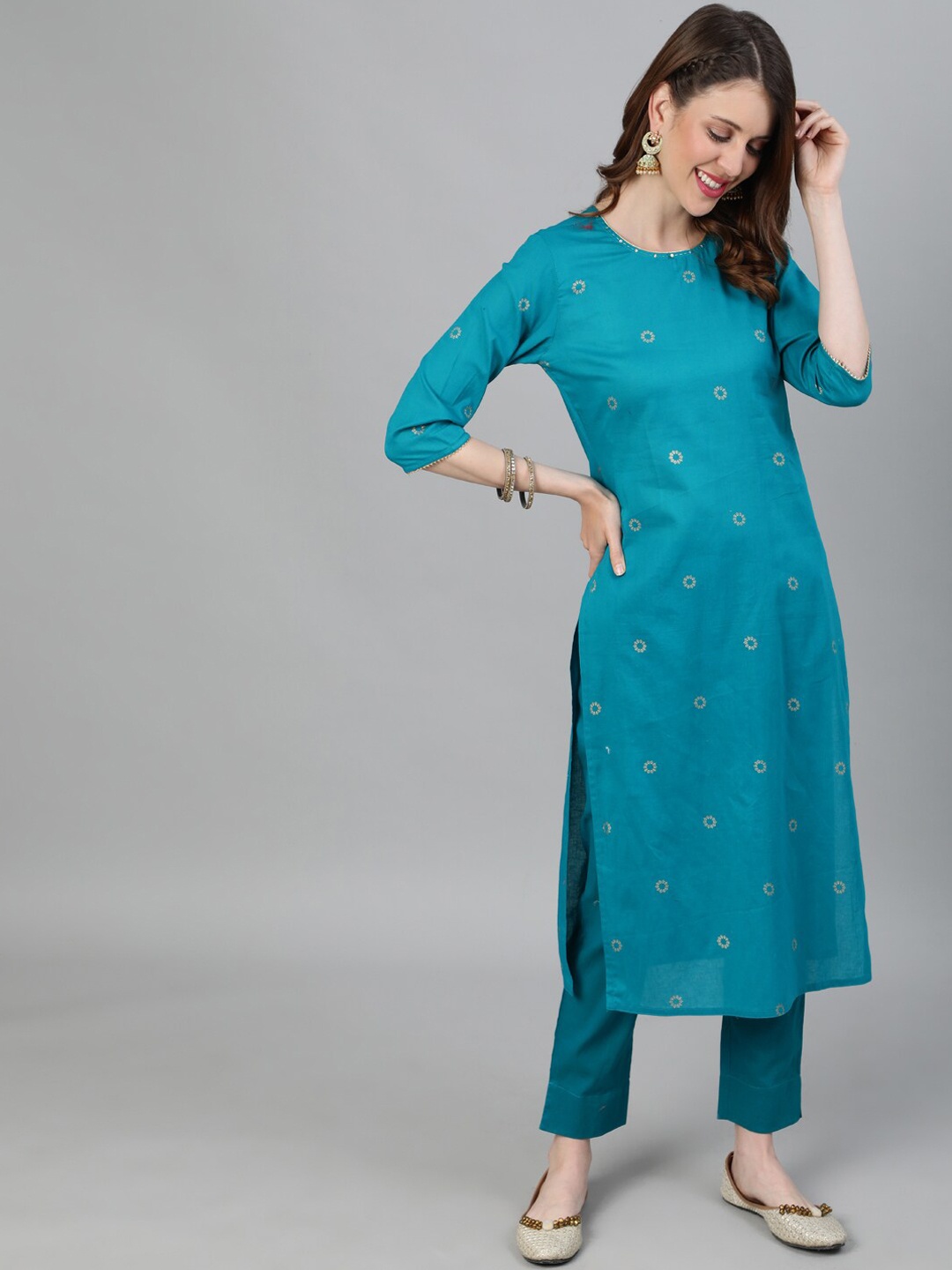

Jaipur Kurti Women Turquoise Blue Woven Design Kurta with Trousers
